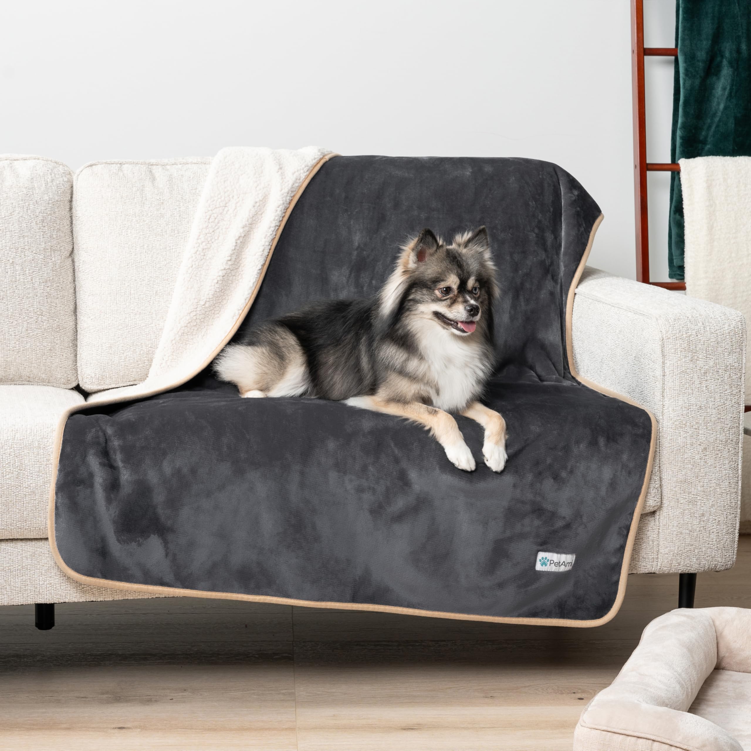 Petami Waterproof Dog Blanket For Medium Large Dogs, Pee Proof Pet Blanket For Bed Couch, Reversible Water Proof Blanket For Puppy Indoor Cat, Soft Dog Pee Crate Cover Washable, 60X80 Gray/Beige