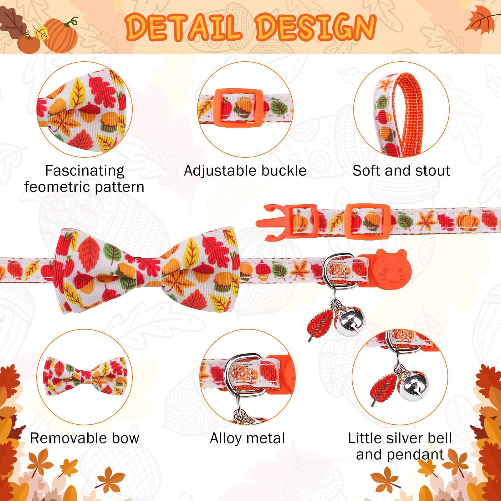Scenereal Fall Cat Collar Breakaway With Bell And Bowtie, 2 Pack Cute Holiday Cat Collars, Adjustable Kitten Collar, Safety Buck