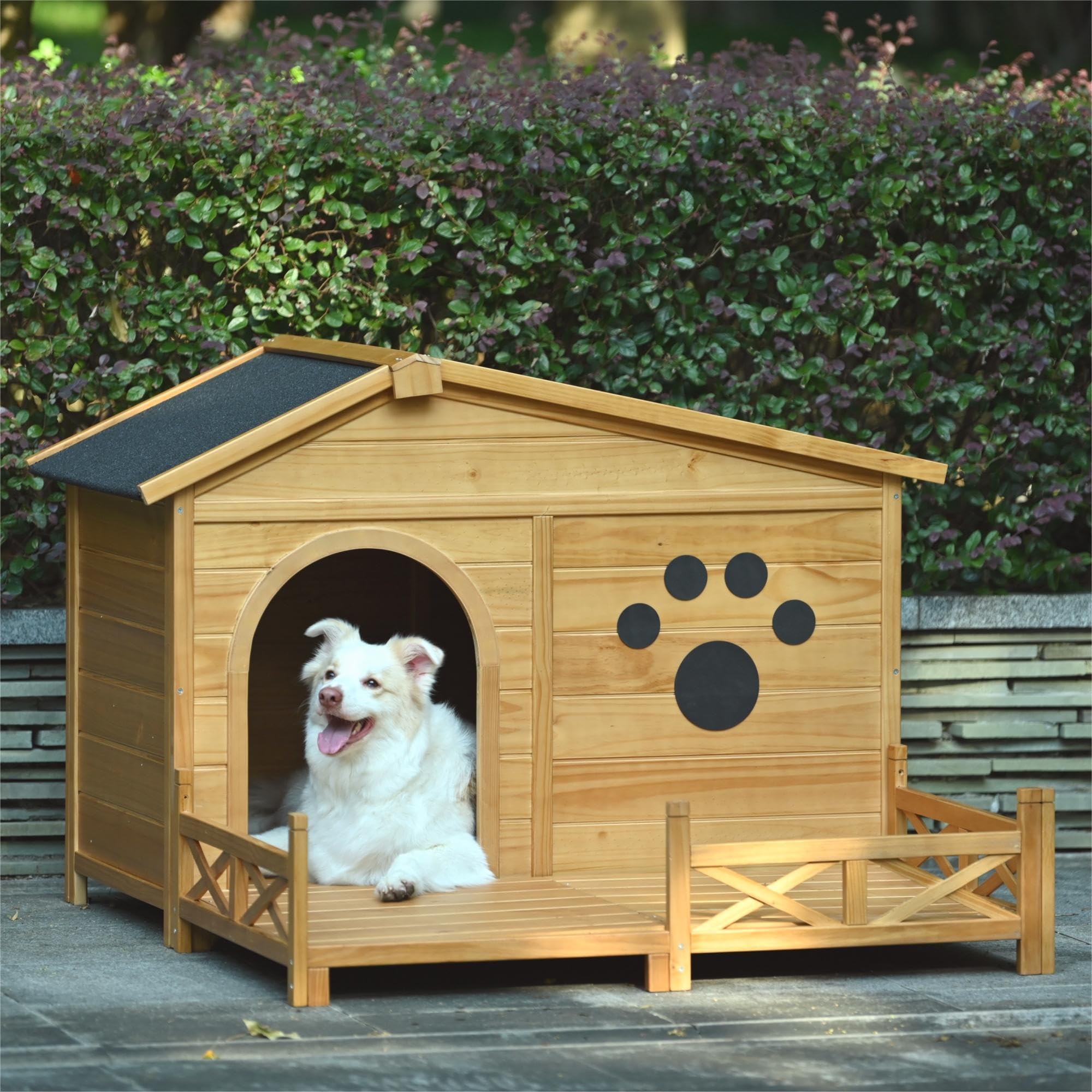 Yopto 48'' Wooden Dog House,Dog Kennel With Wide Porch,Water-Resistant Asphalt Roof And Fence,Indoor & Outdoor Dog Crate W/Paw P