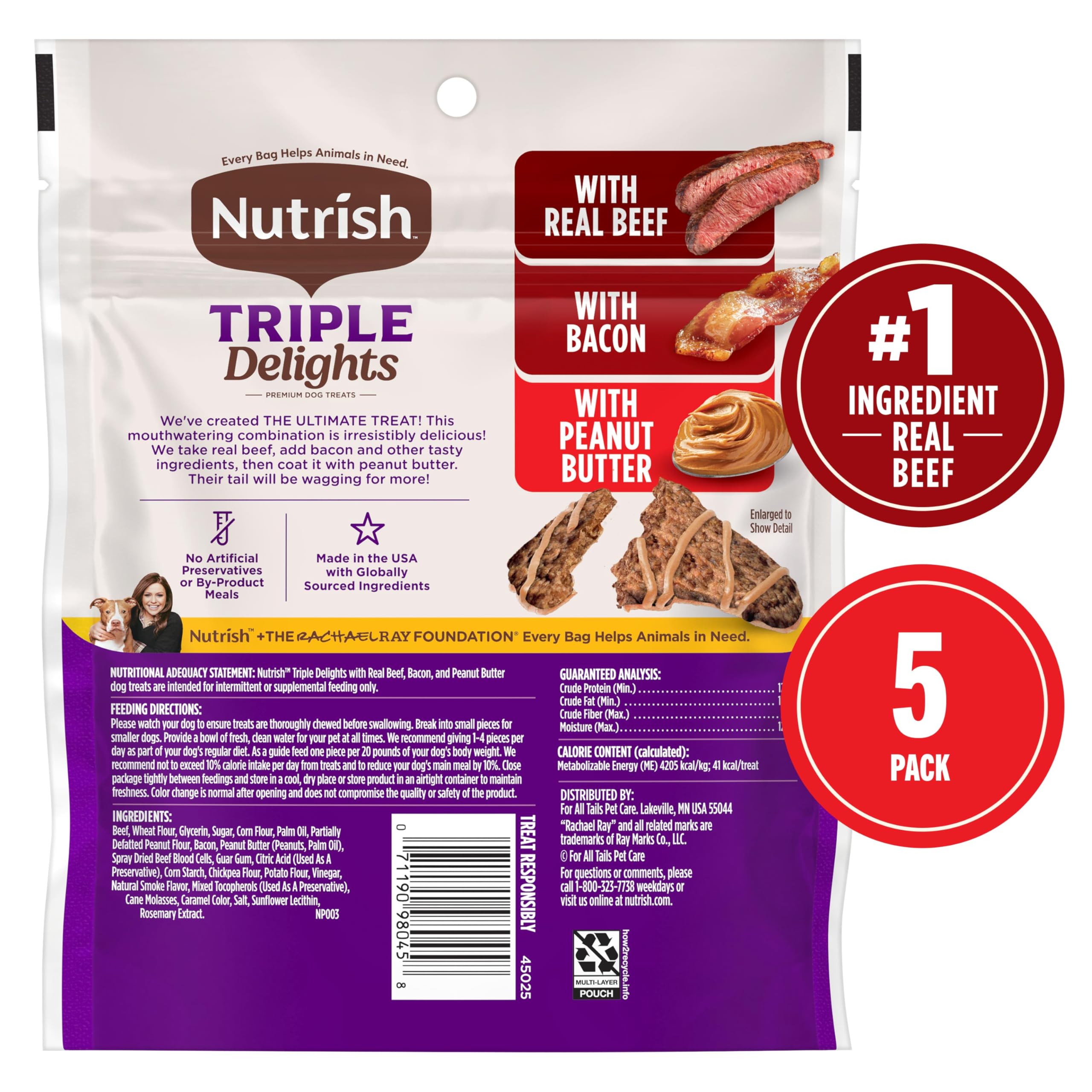Nutrish Triple Delights Premium Dog Treats with Real Beef, Bacon, and Peanut Butter, 4.5 oz. Pouch, Pack of 5