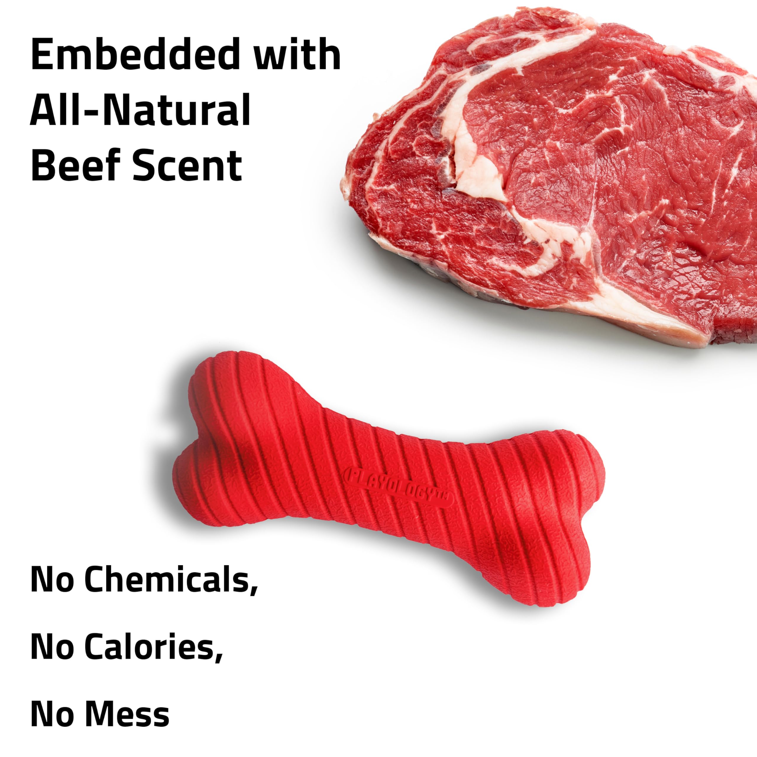 Playology Dual Layer Bone | Engaging All Natural Beef Scented Dog Toy, Jumbo Size | Red Bone For Large To X-Large Dogs 50Lbs & U