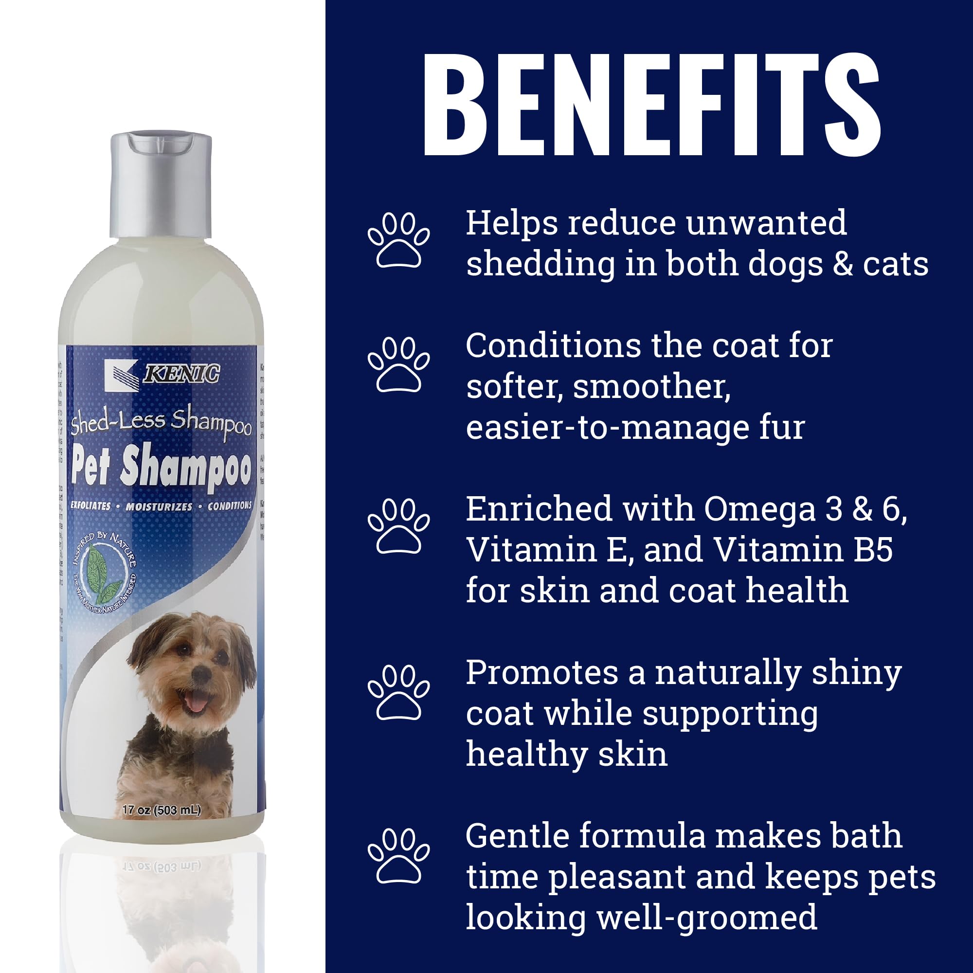 Kenic De-Shedding Dog Shampoo - Reduces Shedding with Omega-3, Omega-6, Vitamin E & B5, Gentle Conditioning Coat-Care Formula, M