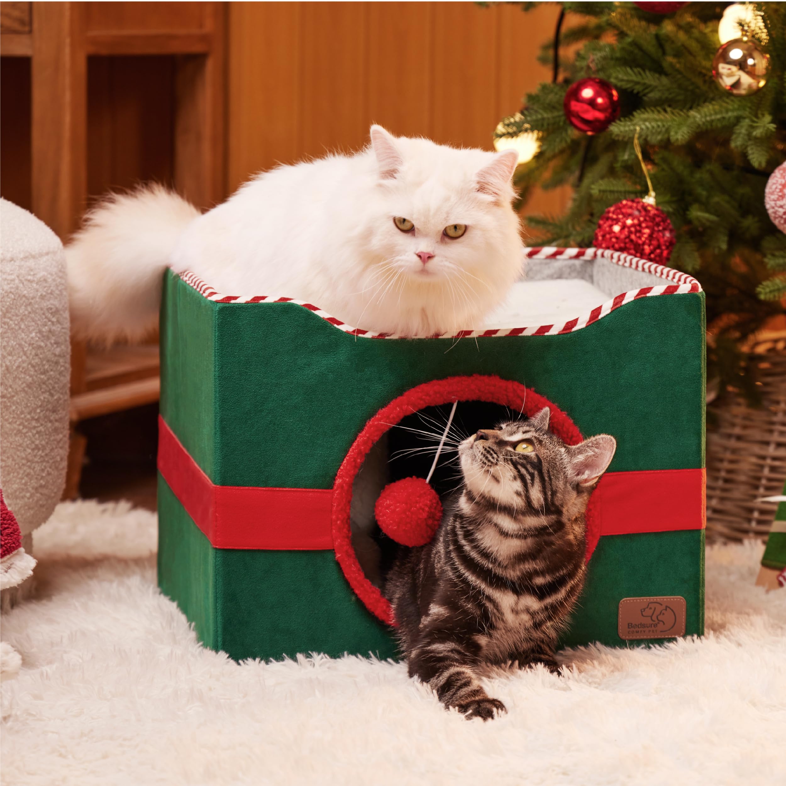 Bedsure Cat Beds For Indoor Cats - Large Cat Cave For Pet Cat House With Fluffy Ball Hanging And Scratch Pad, Foldable Cat Hideaway,16.5X16.5X13 Inches, Burnt Honeycomb