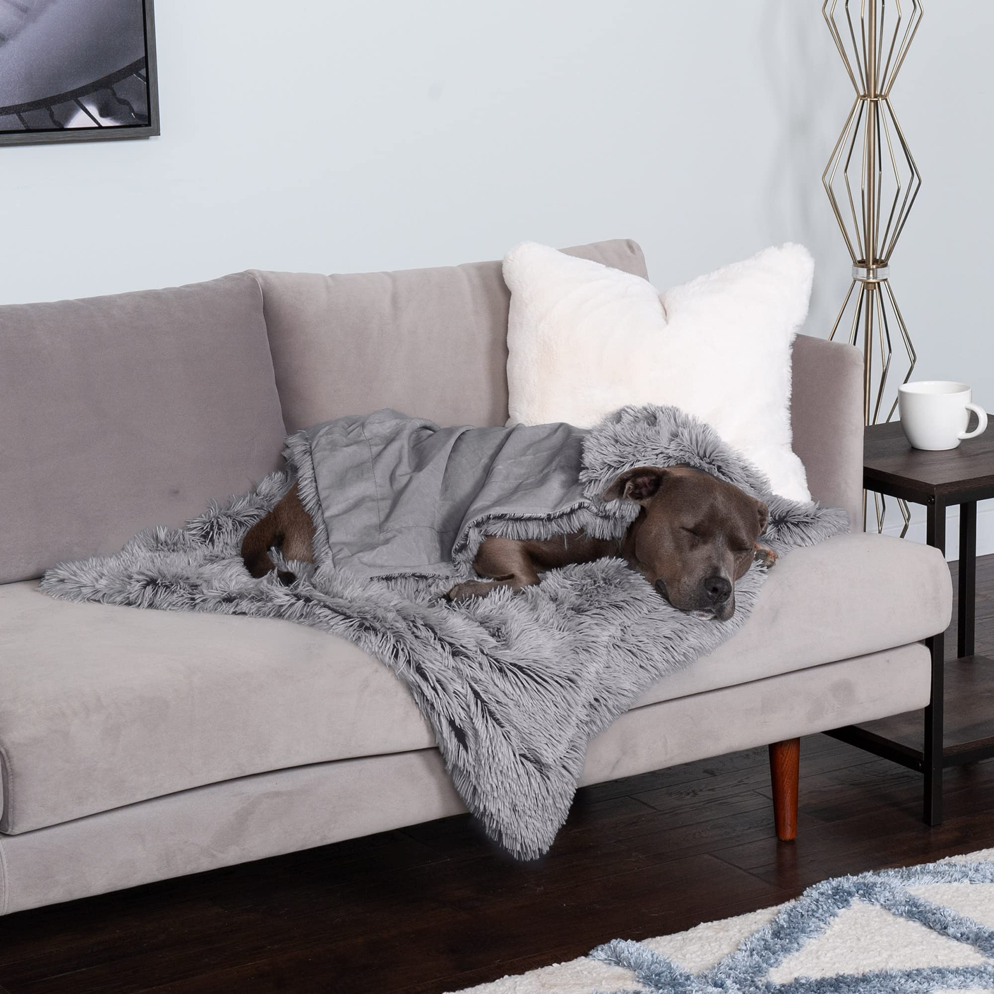 Furhaven Waterproof Throw Blanket For Dogs & Indoor Cats, Washable - Shaggy Plush Calming Long Faux Fur & Velvet Dog Blanket - Gray, Large