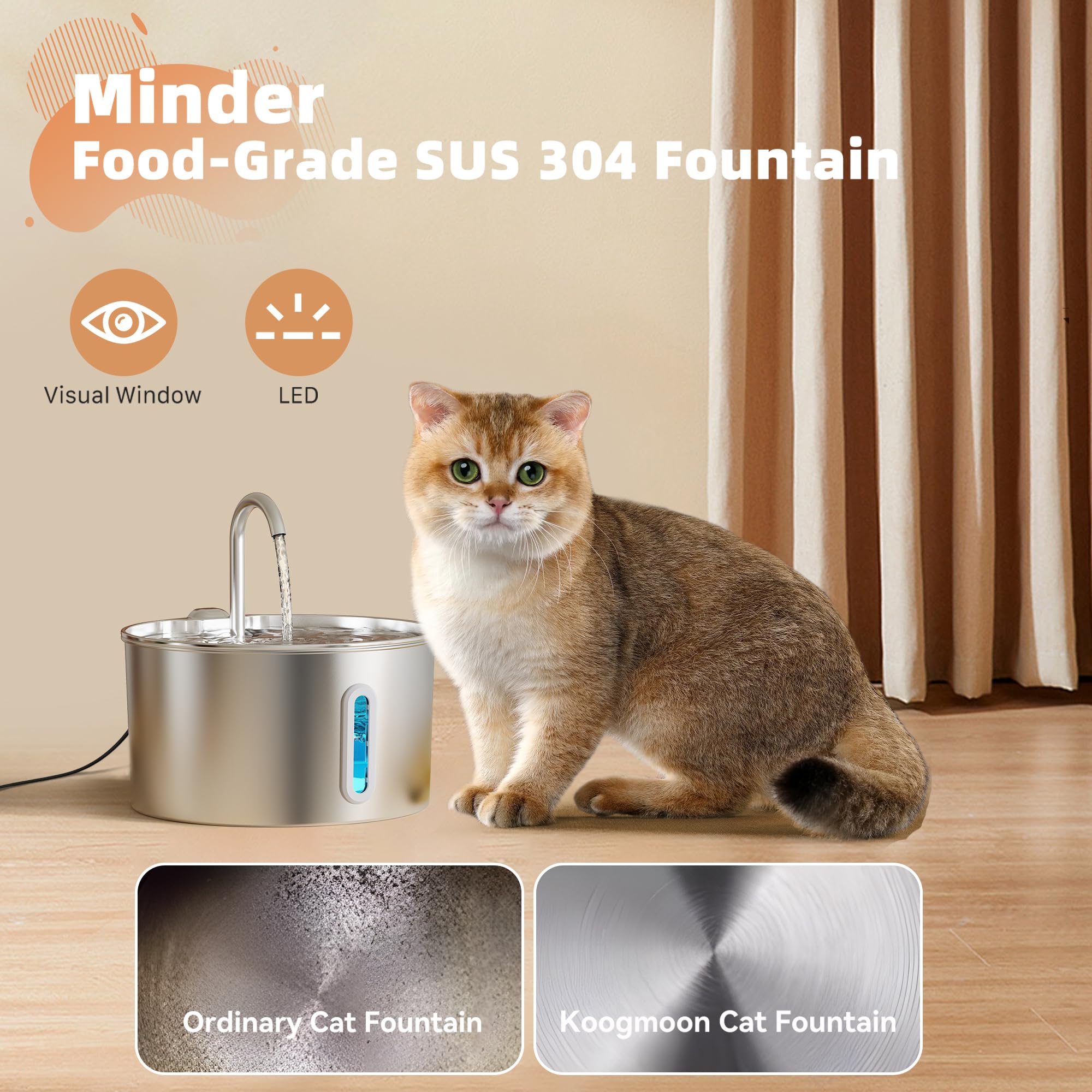 Cat Water Fountain Stainless Steel: 2.2 L Cat Fountain For Drinking - Automatic Pet Water Fountain For Cats Inside - Metal Cat D