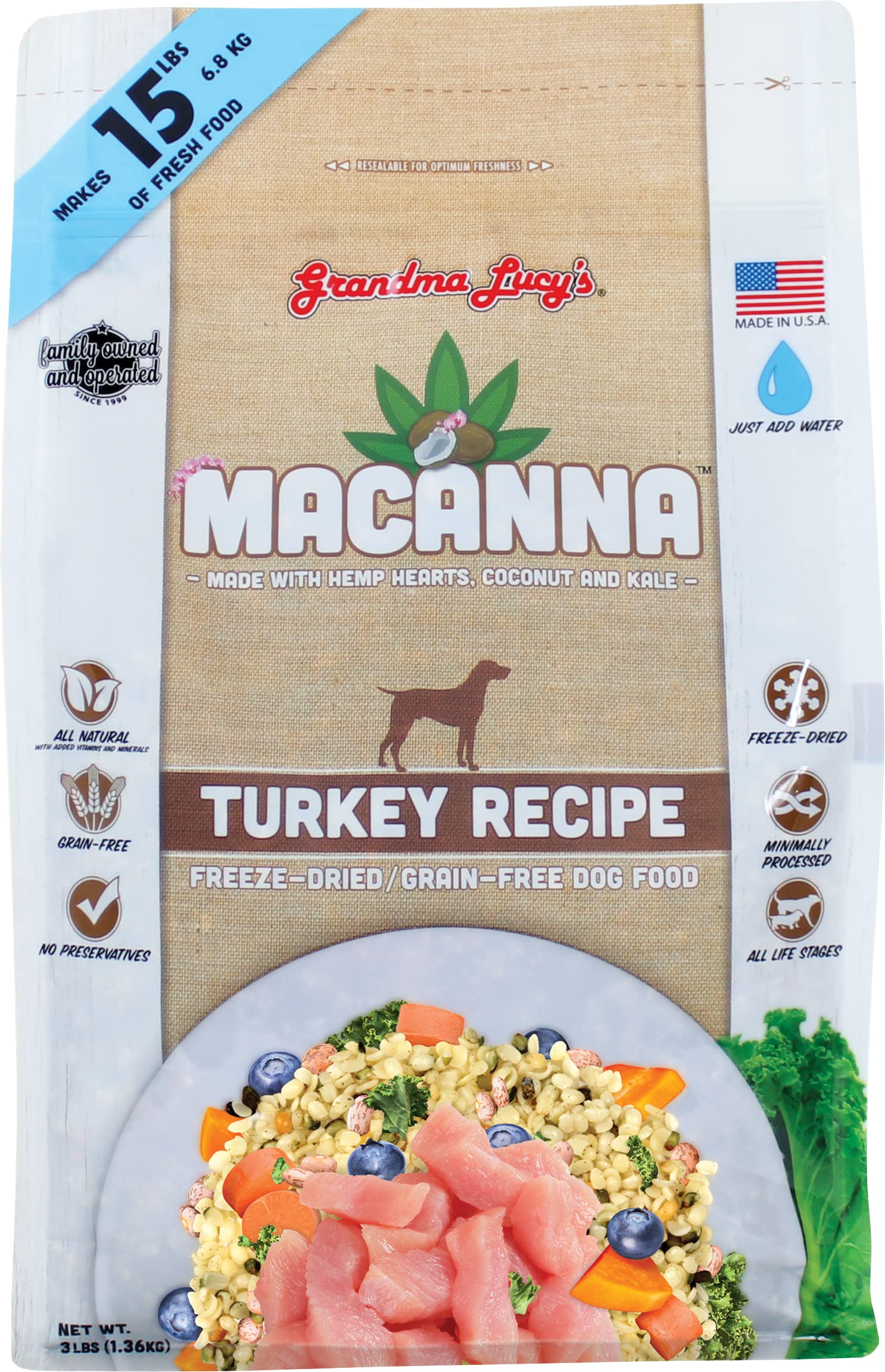 Macanna Grandma Lucys Grain-Free Turkey Freeze-Dried Dog Food 3 Lbs., Brown