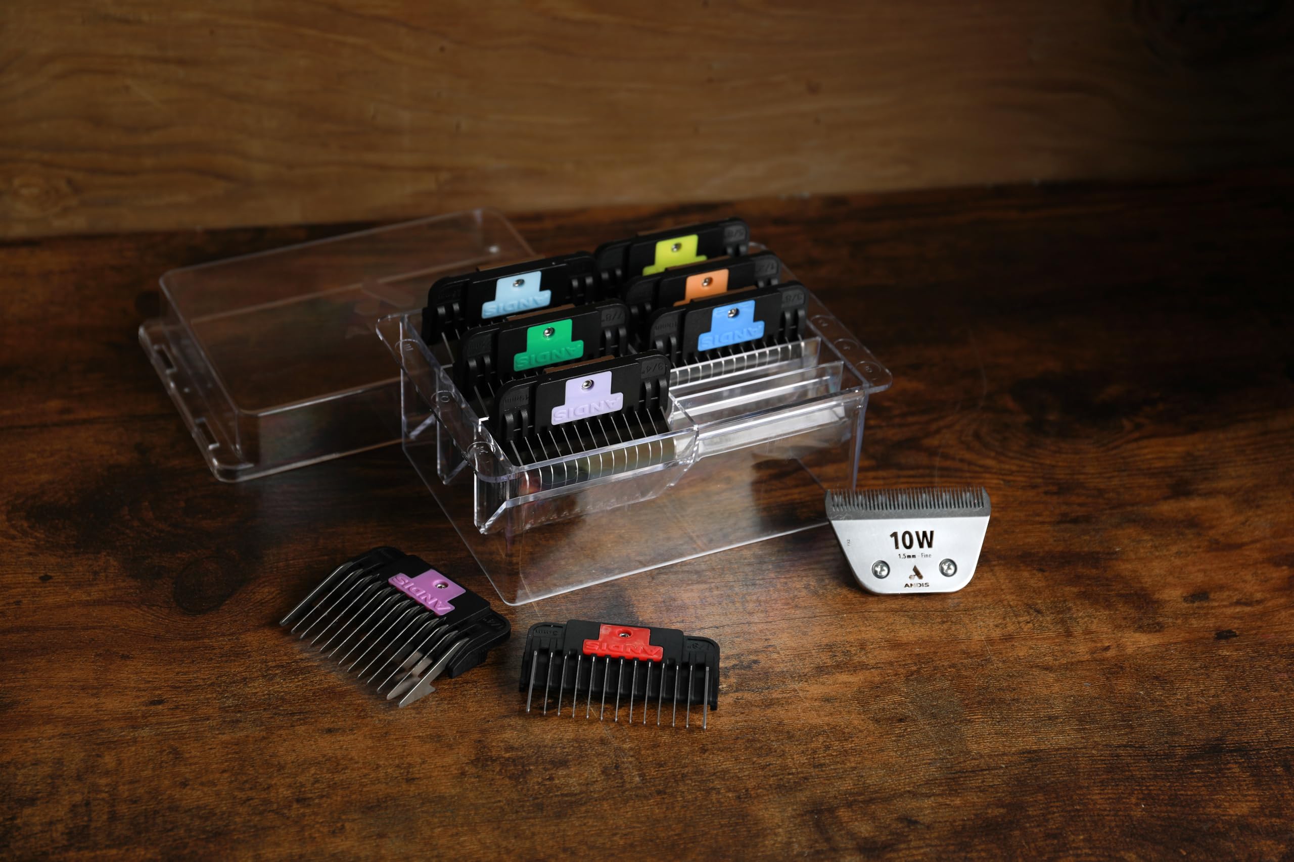 Andis 561475 Premium Clip Animal Comb Set - Built with Plastic, Includes 8 Color Coded Combs of Different Sizes, Attach Comb, Al