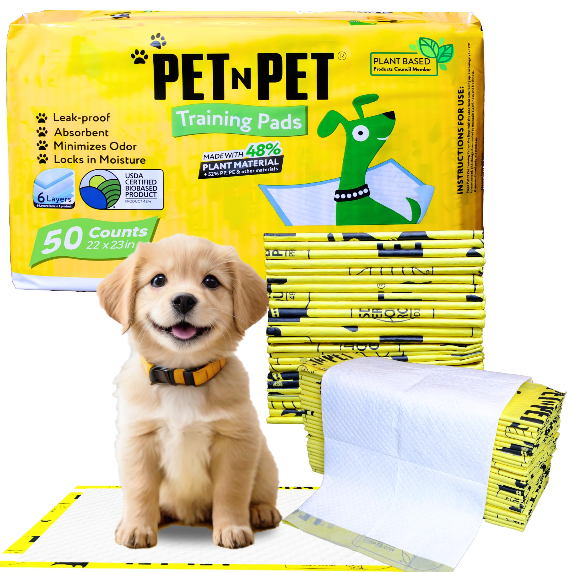 Pet N Pet 50 Counts Pee Pads for Dogs, 48% USDA Certified Plant Based Puppy Pee Pads, Unscented Dog Pad, Leak-Proof Training Pad