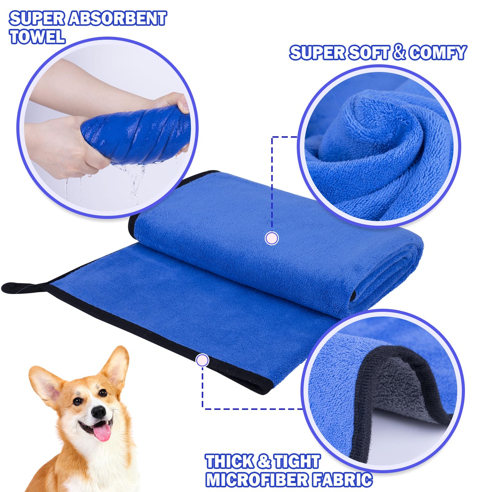 Micooyo 3Pcs Dog Towels For Drying, Super Absorbent Pet Grooming Towels, Quick Drying Dog Bath Towels For Puppy Cats (Green, Blu