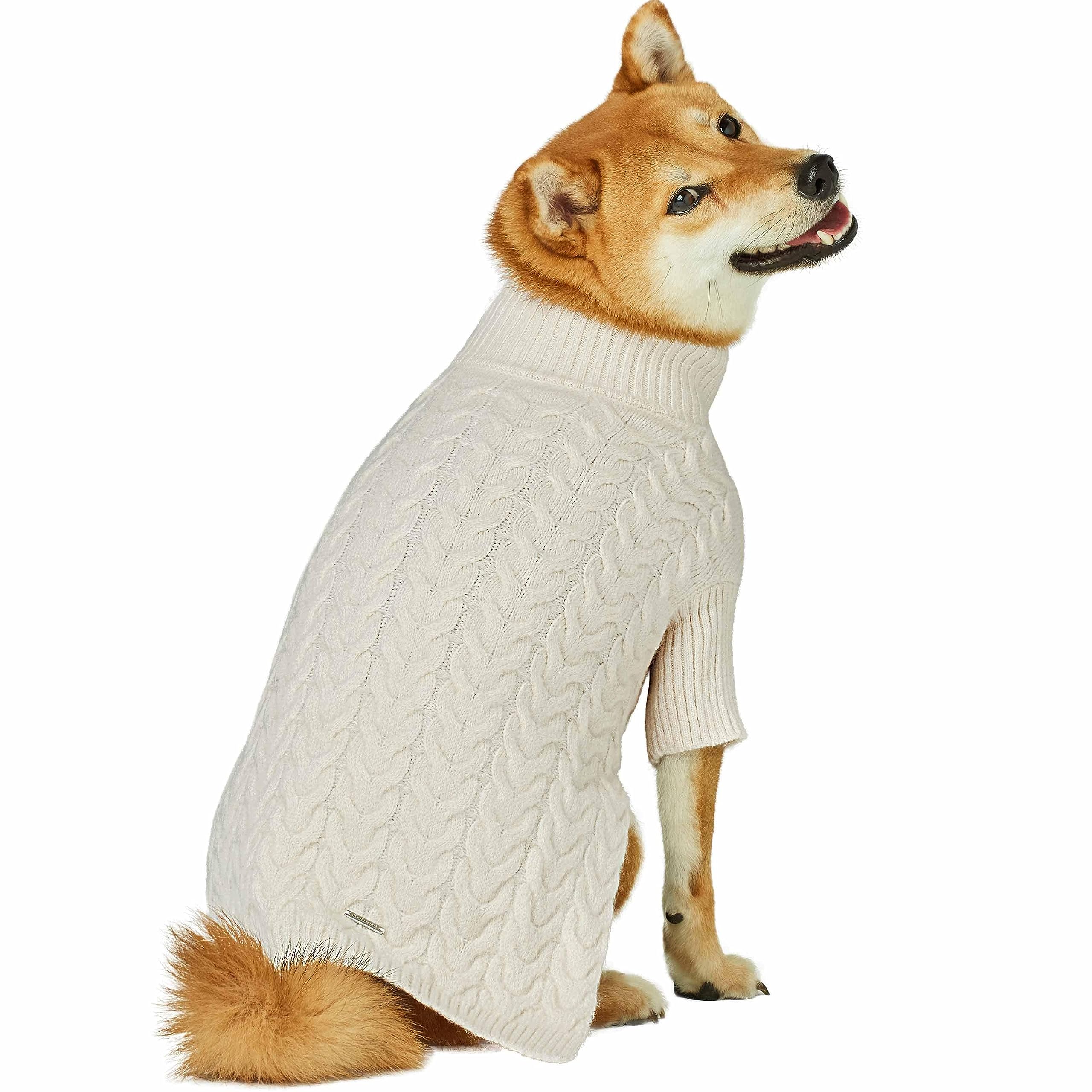 Blueberry Pet Classic Fuzzy Textured Knit Pullover Turtle-Neck Dog Sweater In Ivory, Back Length 10'', Pack Of 1 Clothes For Dog