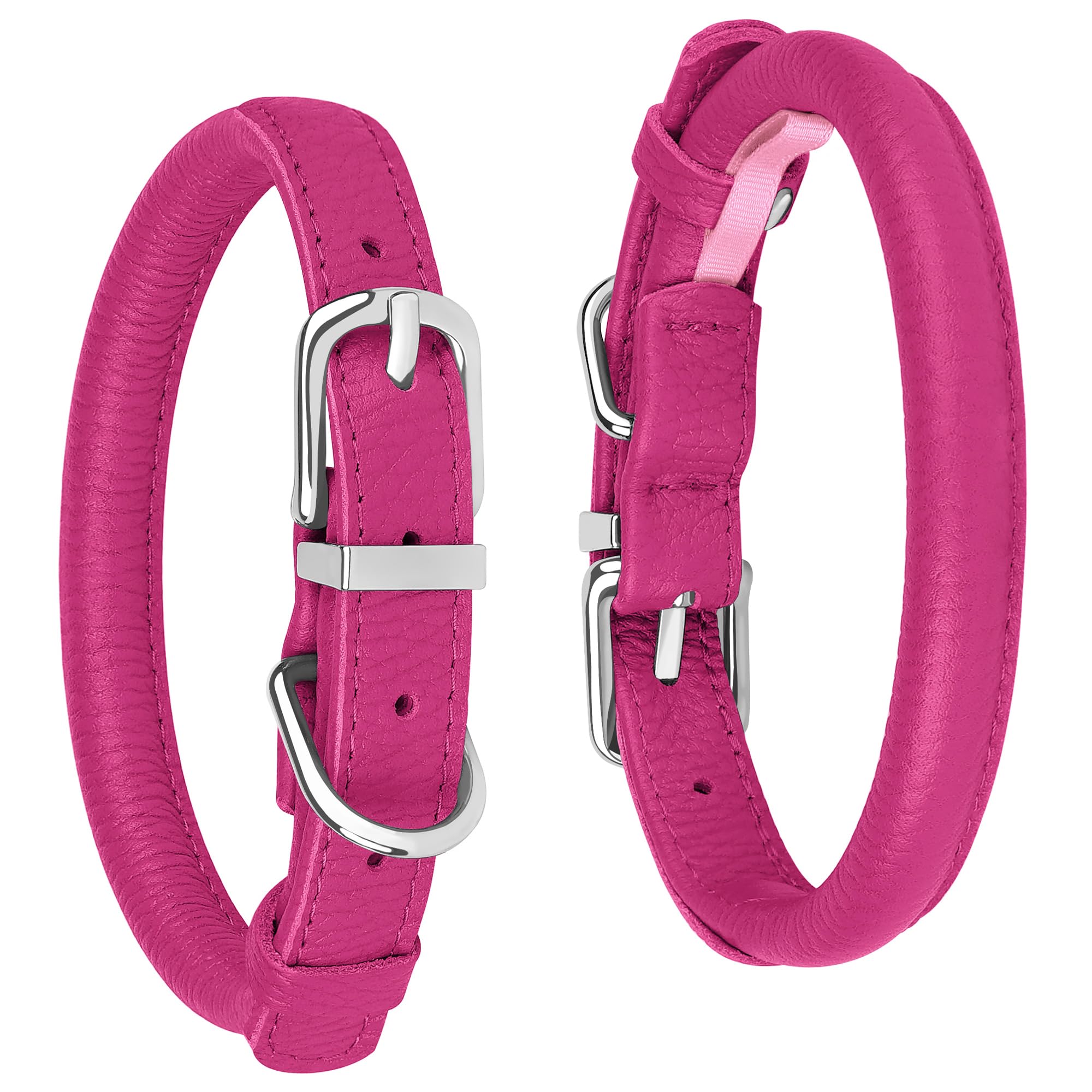 Oopsdoggy Rolled Leather Dog Collar Soft Roll Collars For Small Medium Large Dogs Puppy (Pink, S, 10''-13'')