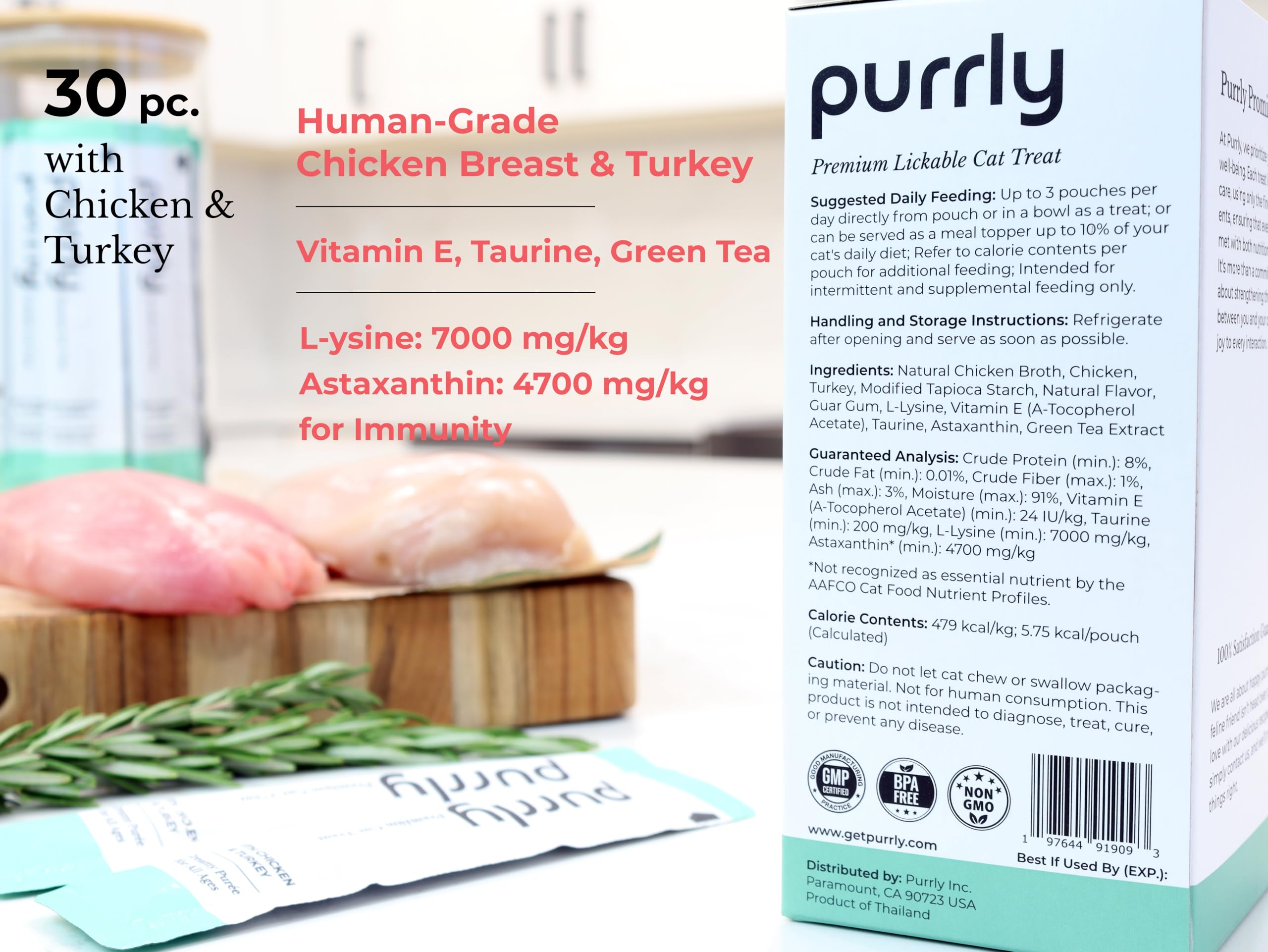 Purrly Low Calorie Premium Lickable Cat Treat Topper Healthy Chicken Variety Bundle (90 Count) Human-Grade Protein Sources with