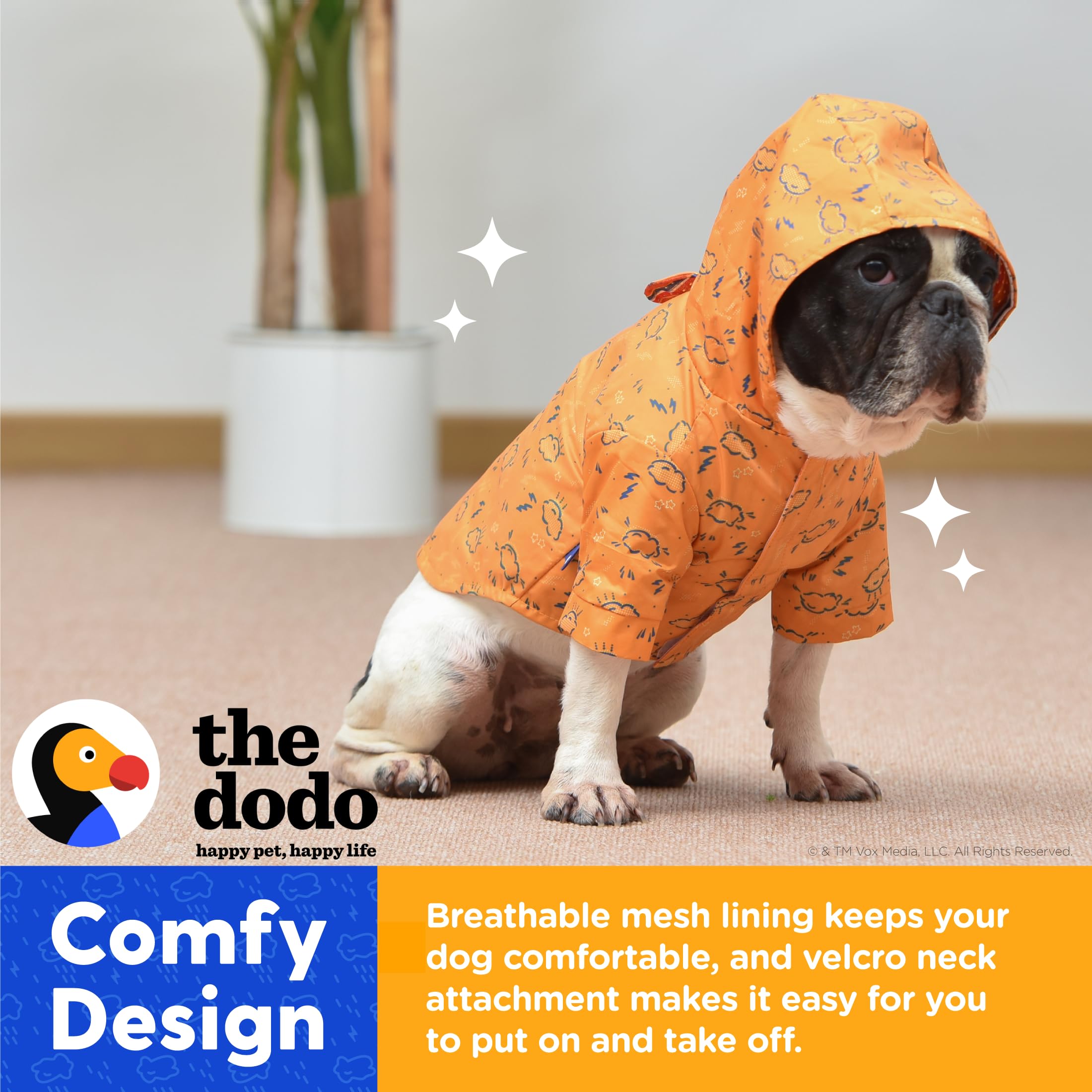 The Dodo Rainy Days Printed Raincoat for Dogs, Orange, Size Large; Water Resistant Dog Raincoat with Hook-and-Loop Drape Closure