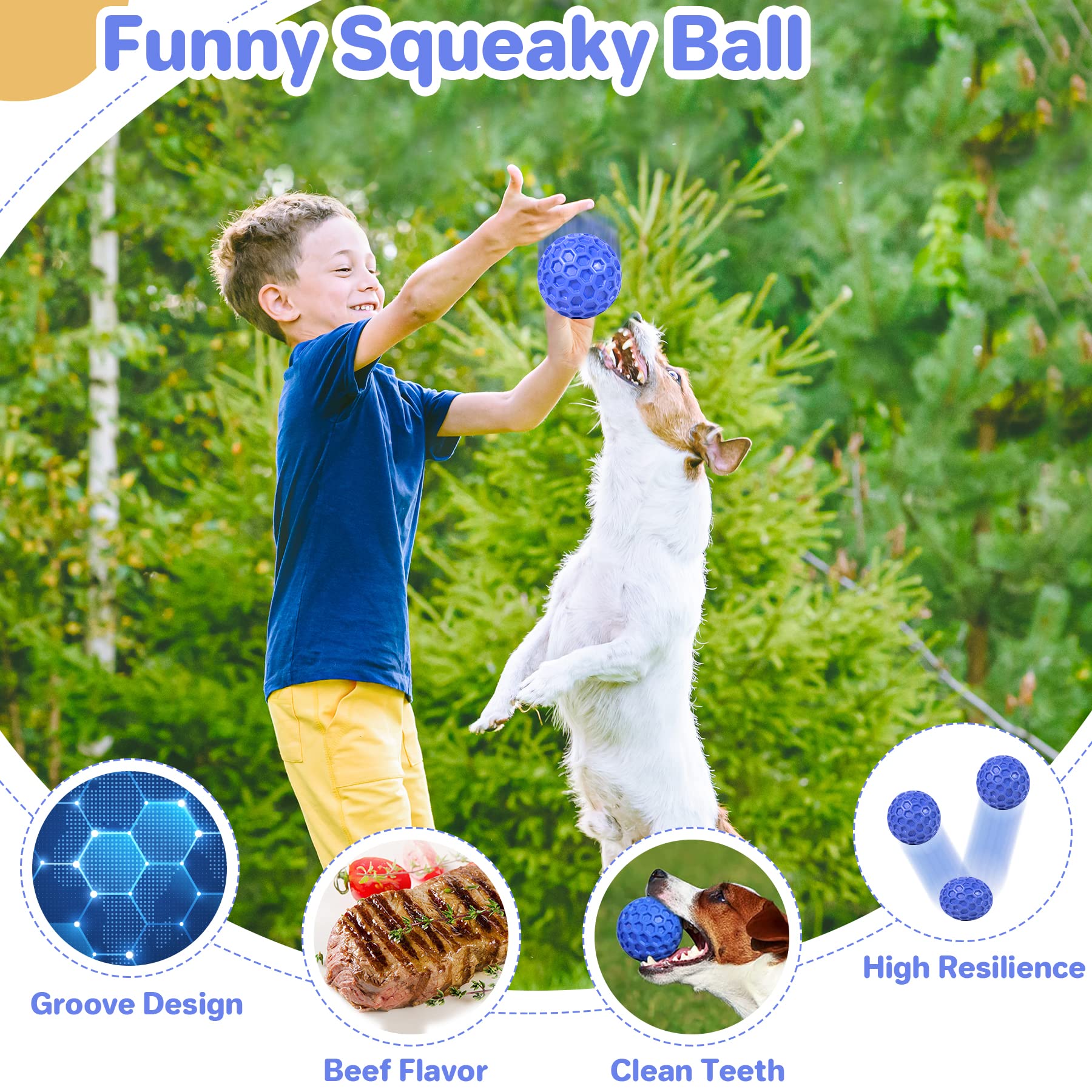 DISSKNIC Indestructible Squeaky Dog Ball, Relieves Anxiety, Cleans Teeth, Interactive Chew Toy for Aggressive Chewers, Dog Toy f