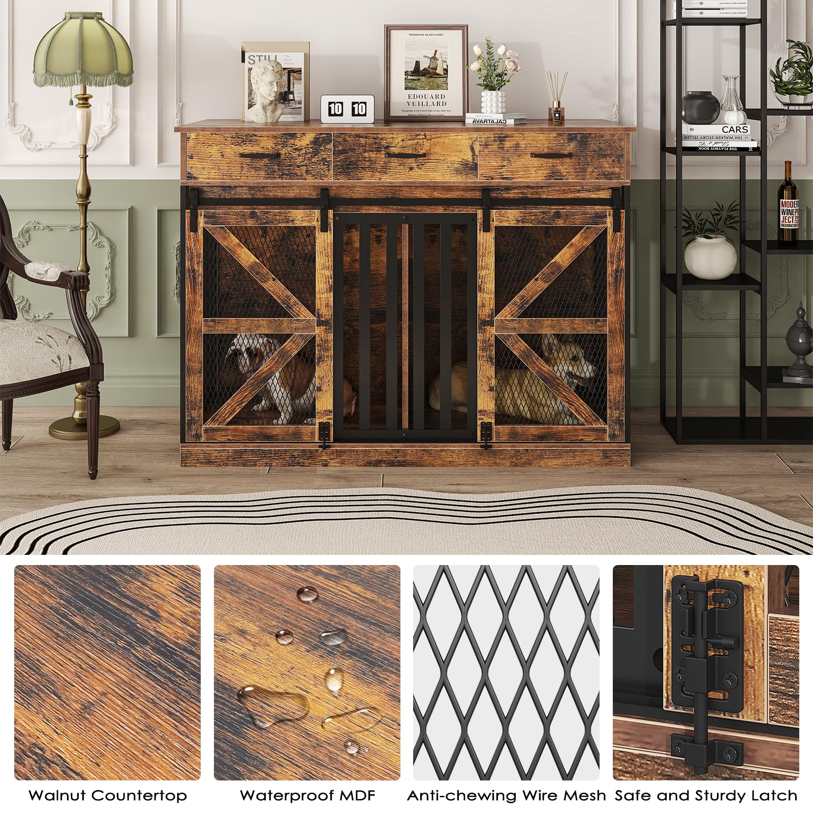 Saudism Dog Crate Furniture, Wooden Large Dog Kennel with 3 Storage Drawers, 46.9"x22.4"x35.5", Classic Brown