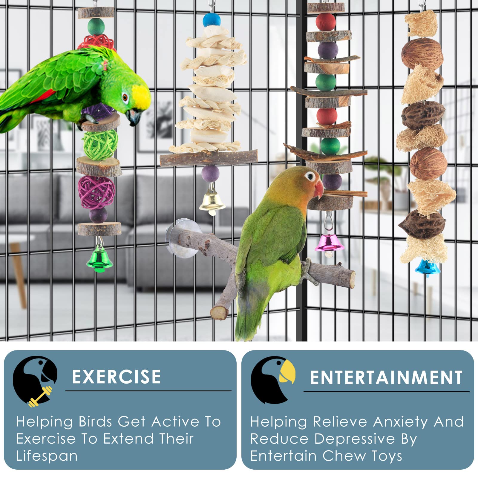 Bissap Bird Chew Toys, 5 Packs Parakeet Natural Wood Toys Parrot Hanging Cage Toy Bird Perch Stand for Small Bird Conure Cockati