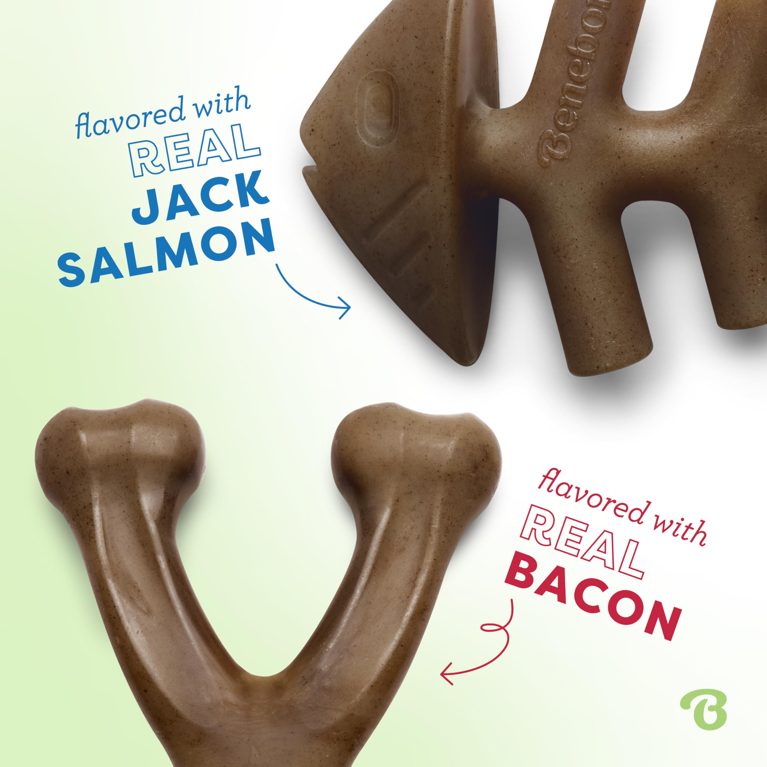 Benebone 2-Pack Fishbone/Wishbone Durable Dog Chew Toys, Real Fish, Real Bacon, Made In Usa, Large