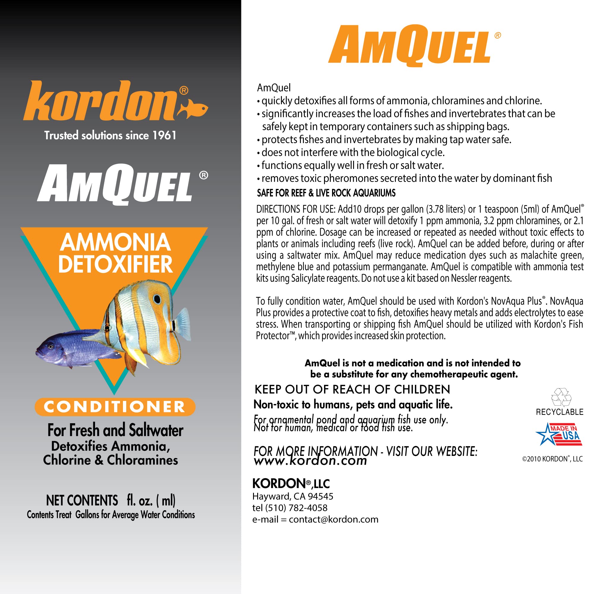 Kordon #31275 Amquel Ammonia Control & Detoxifies Chloramine For Aquarium, 5-Gallon