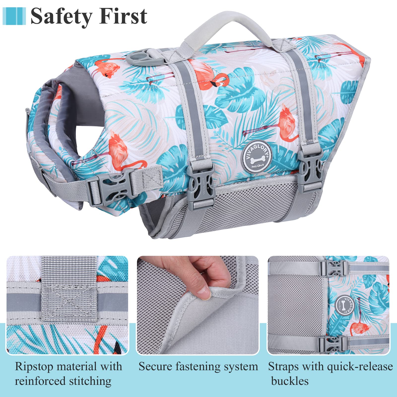 Vivaglory Ripstop Dog Life Jacket, Reflective & Adjustable Life Vest for Dogs with Rescue Handle for Swimming & Boating, Leaves