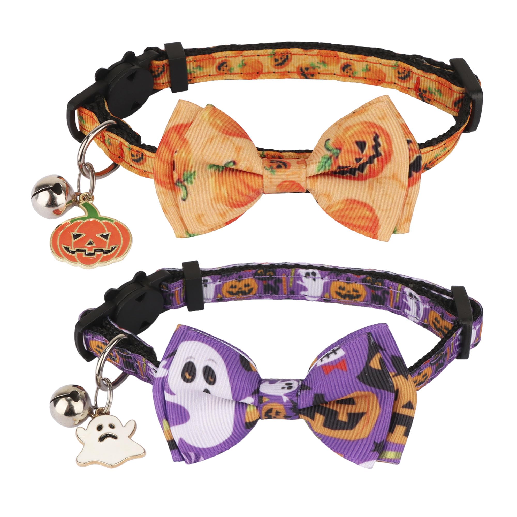 Adoggygo Halloween Cat Collars With Bow Bell, Breakaway Cat Collar With Bowtie Pumpkin Ghost Cat Kitten Collar For Girl Boy Cats Kittens (Halloween)