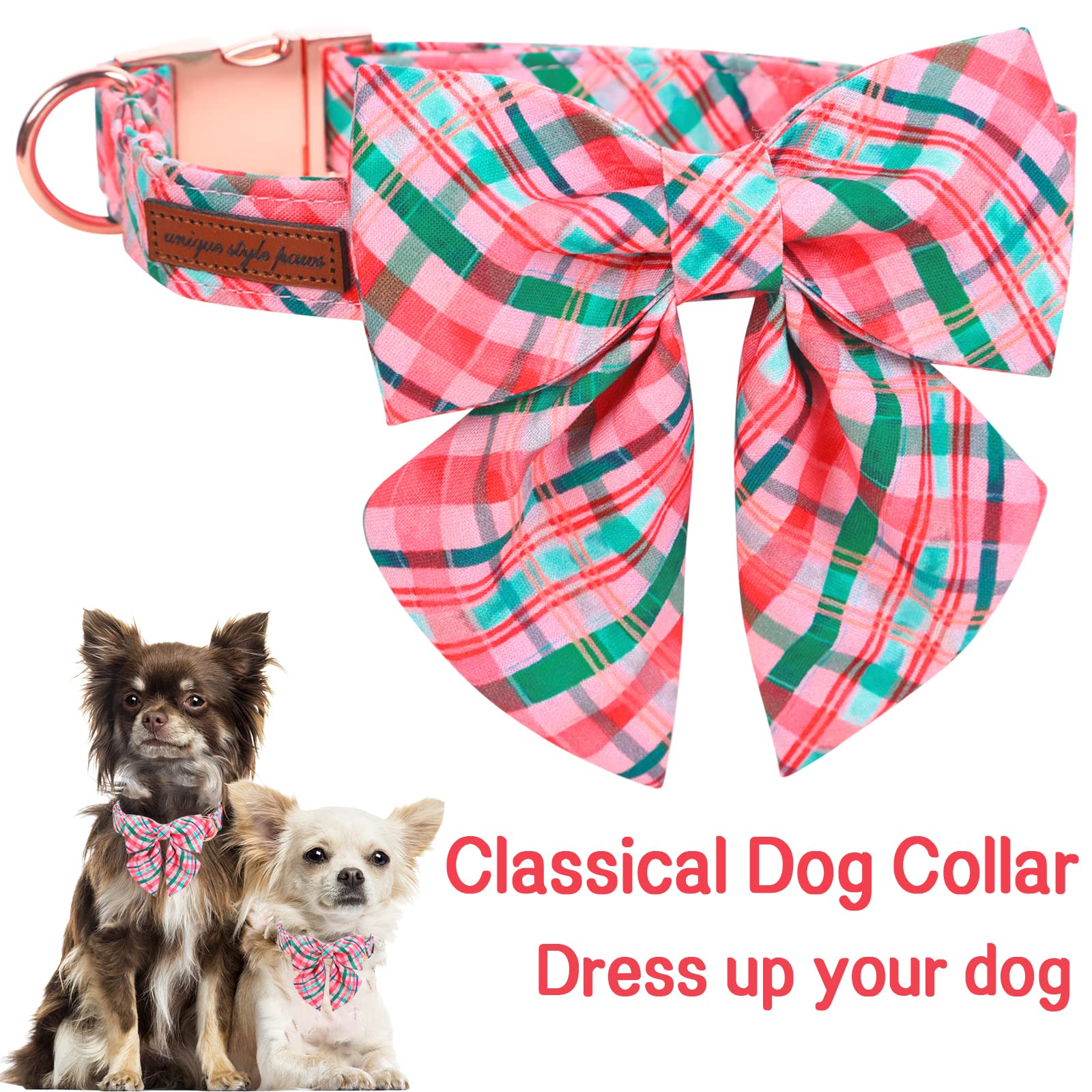 Unique Style Paws Dog Collar With Tie Pink & Green Plaid Dog Collar Best Gifts For Small Medium Large Dogs -M