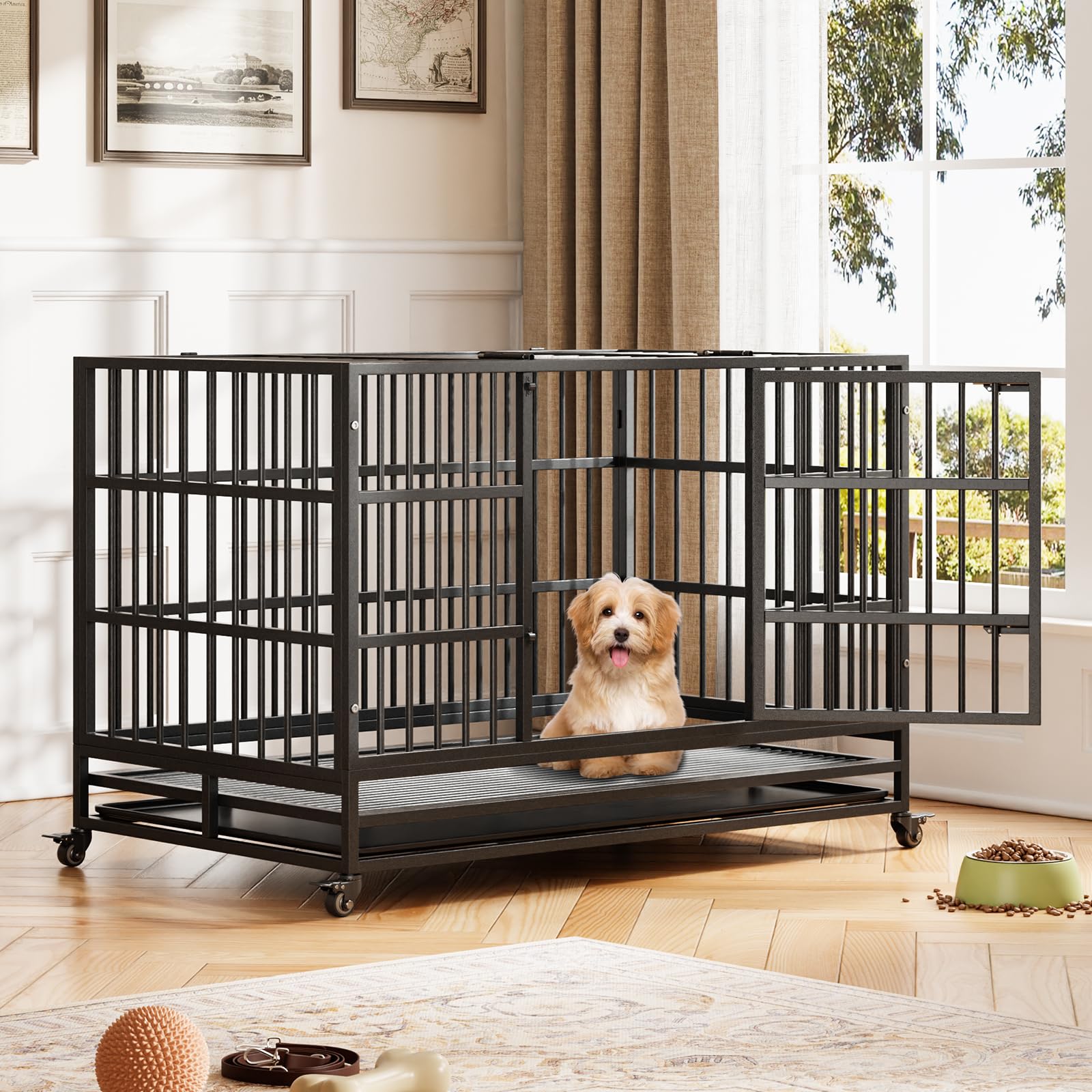 Heavy Duty Dog Crate, 48.5 Inch Indoor Dog Crate with Double Door, 360 Lockable Wheels and Removable Tray, Easy to Assembly,for