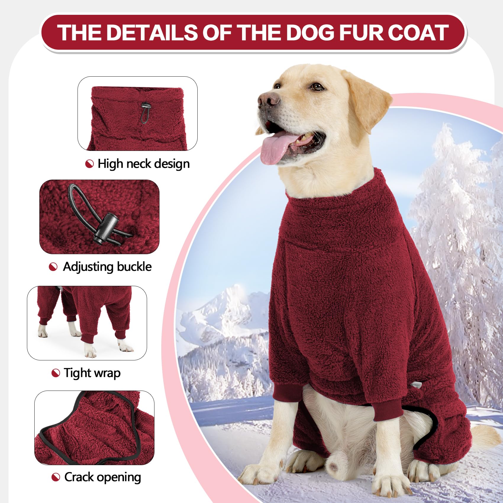 Pinellia Dog Winter Coat, Warm Fleece Dog Jacket, Windproof Dog Pullover Jumpsuit, Full Body Dog Pajamas Onesie, Cold Weather Cl