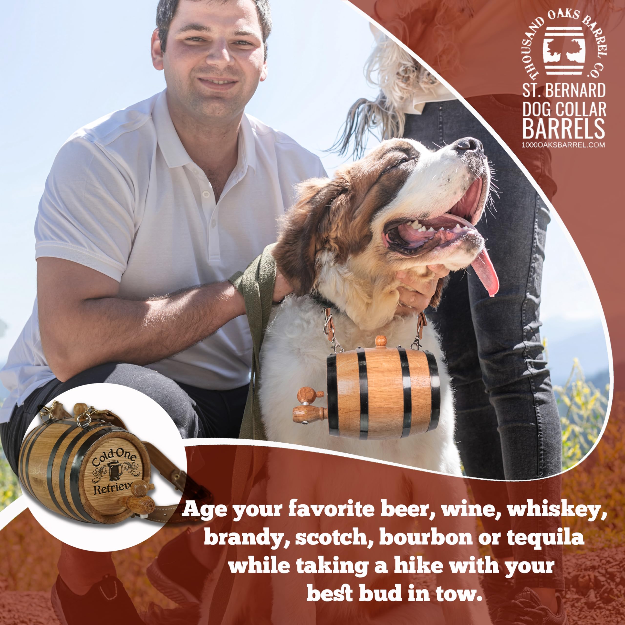 THOUSAND OAKS BARREL St Bernard Whiskey Barrel Dog Collar - 1/2 Liter Oak Aging Dispenser with Adjustable Leather Strap