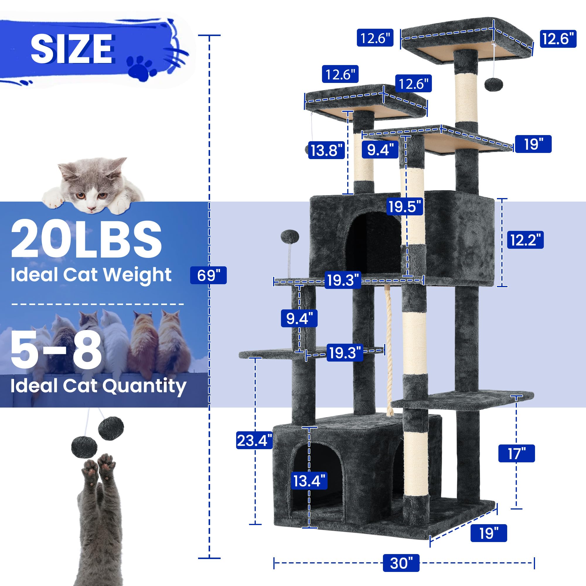 TSCOMON 69-Inch Tall Cat Tree with Huge Condos, Multi-Functional Cat Tower with Top Perches, Scratching Posts, Pompoms, for Clim