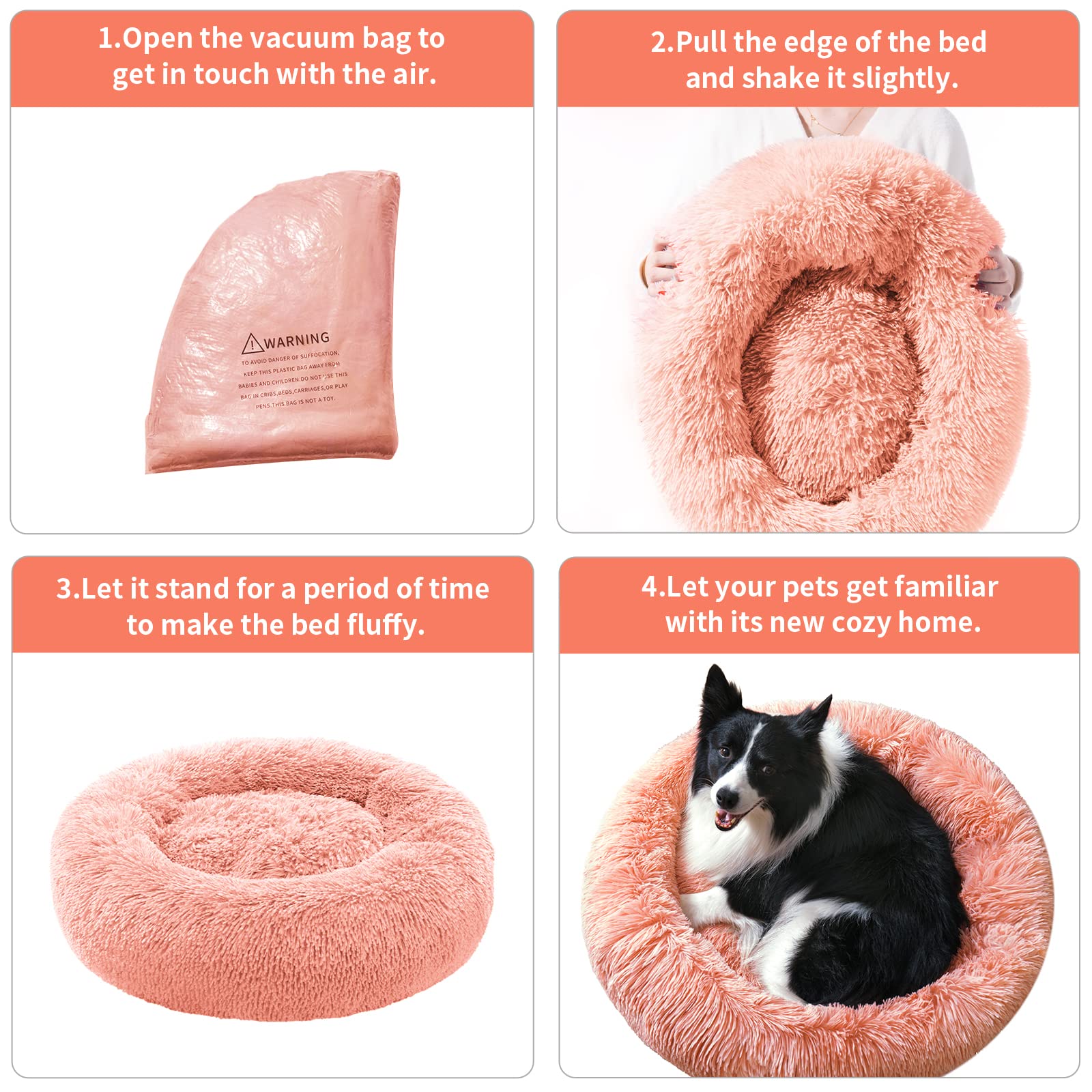 Calming Dog Bed For Large Dogs, Anti Anxiety Dog Bed, Round Dog Bed, Plush Faux Fur Dog Bed, Fluffy Dog Bed, Soft Cozy Pet Bed, Machine Washable, 30X30Inch Pink