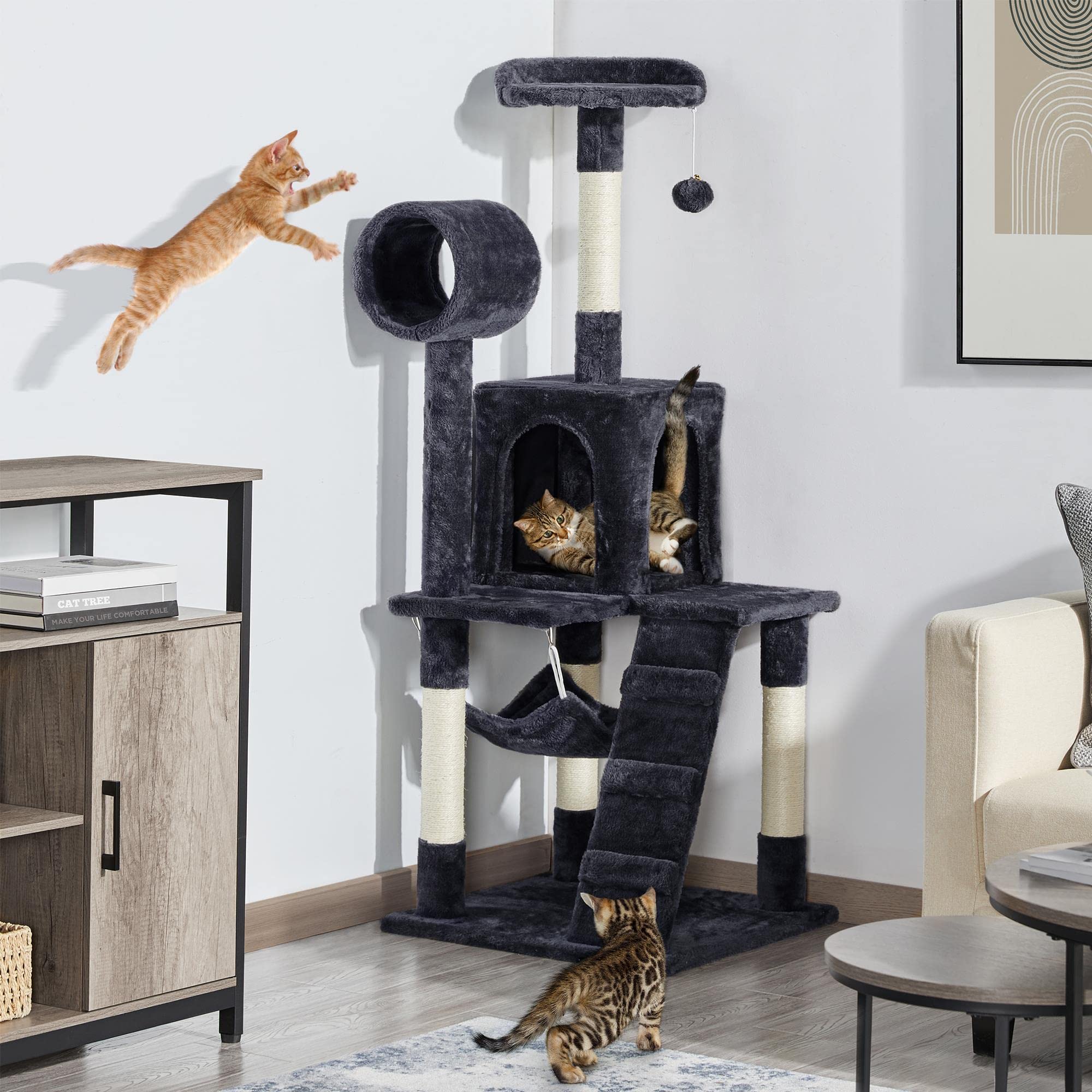Yaheetech 51In Cat Tree Cat Tower As Activity Center, Indoor Cats And Kittens Playing House With Funny Hammock Tunnel Scratching Post