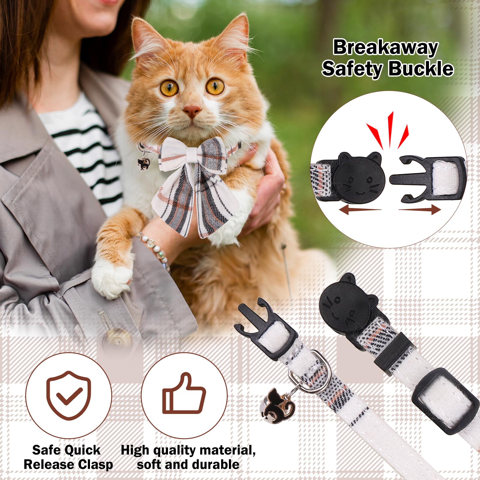 Dillybud Cat Collar With Bells Breakaway, Bowtie Cat Collar For Boy Girl Cats With Removable Shirt Collar, Cute Plaid Kitten Col
