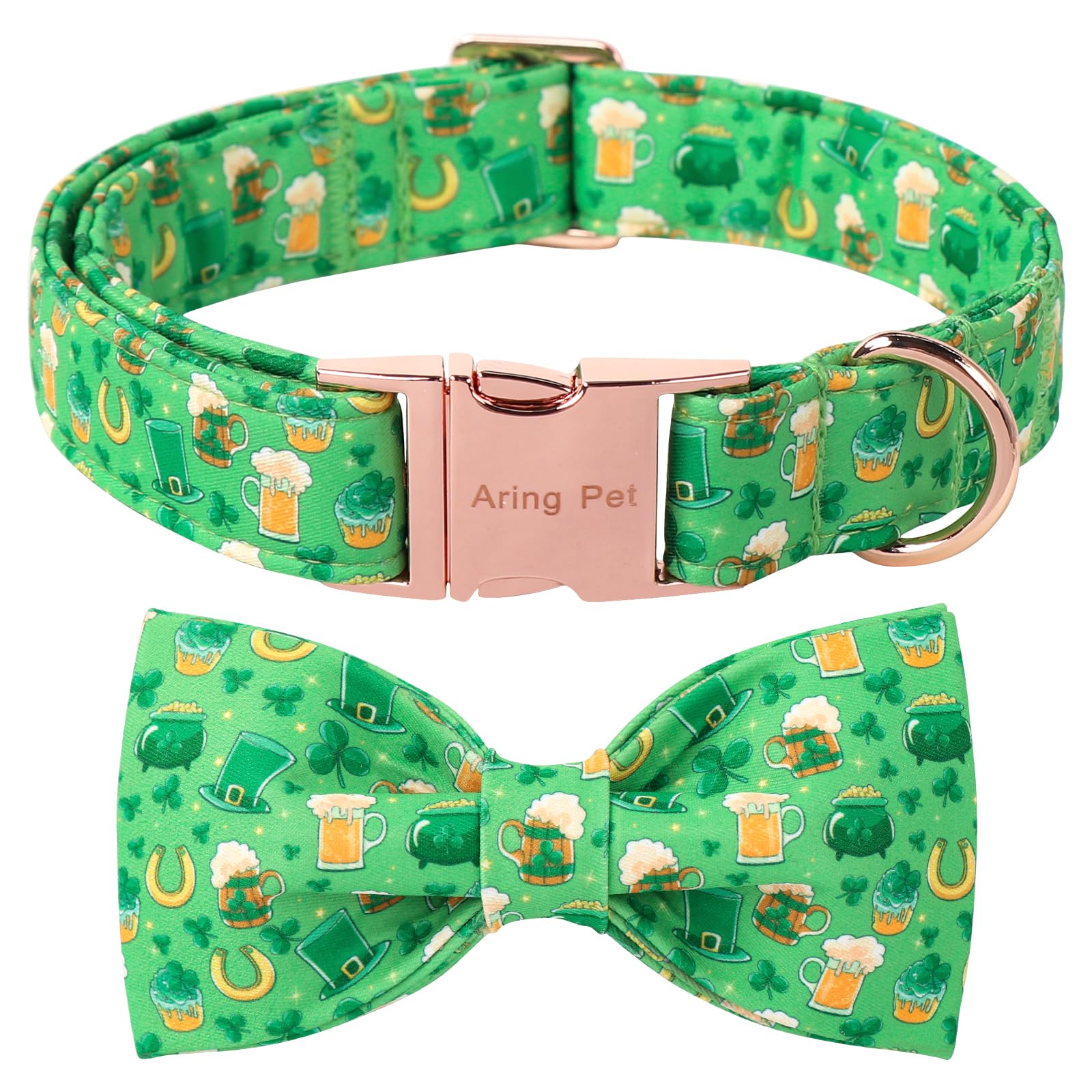 Aring Pet St Patrick'S Day Dog Collar-Green Lucky Clovers Dog Collar With Bow, Adjustable Shamrock Bowtie Dog Collars Trefoil Pe