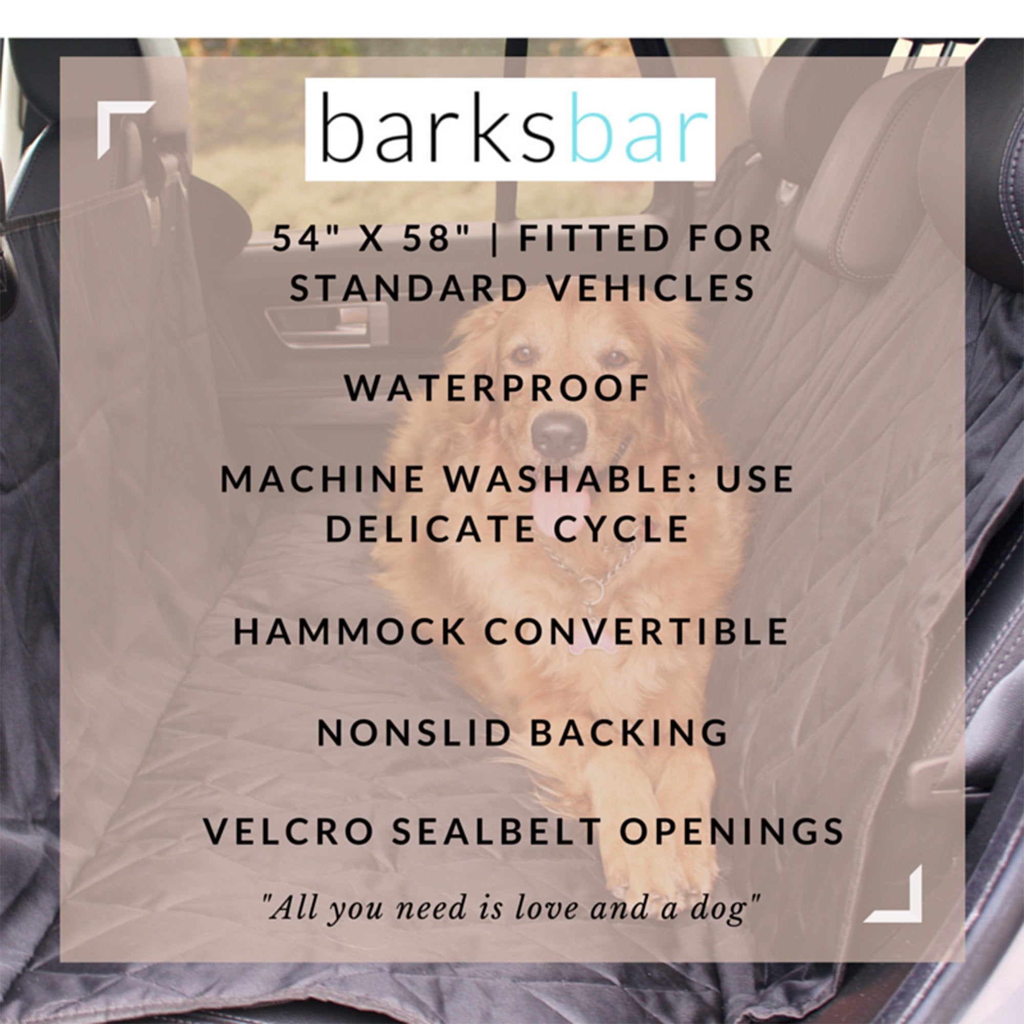 BarksBar Pet Car Seat Cover with Seat Anchors for Cars, Trucks and SUVs, Water Proof and Non-Slip Backing Regular, Black