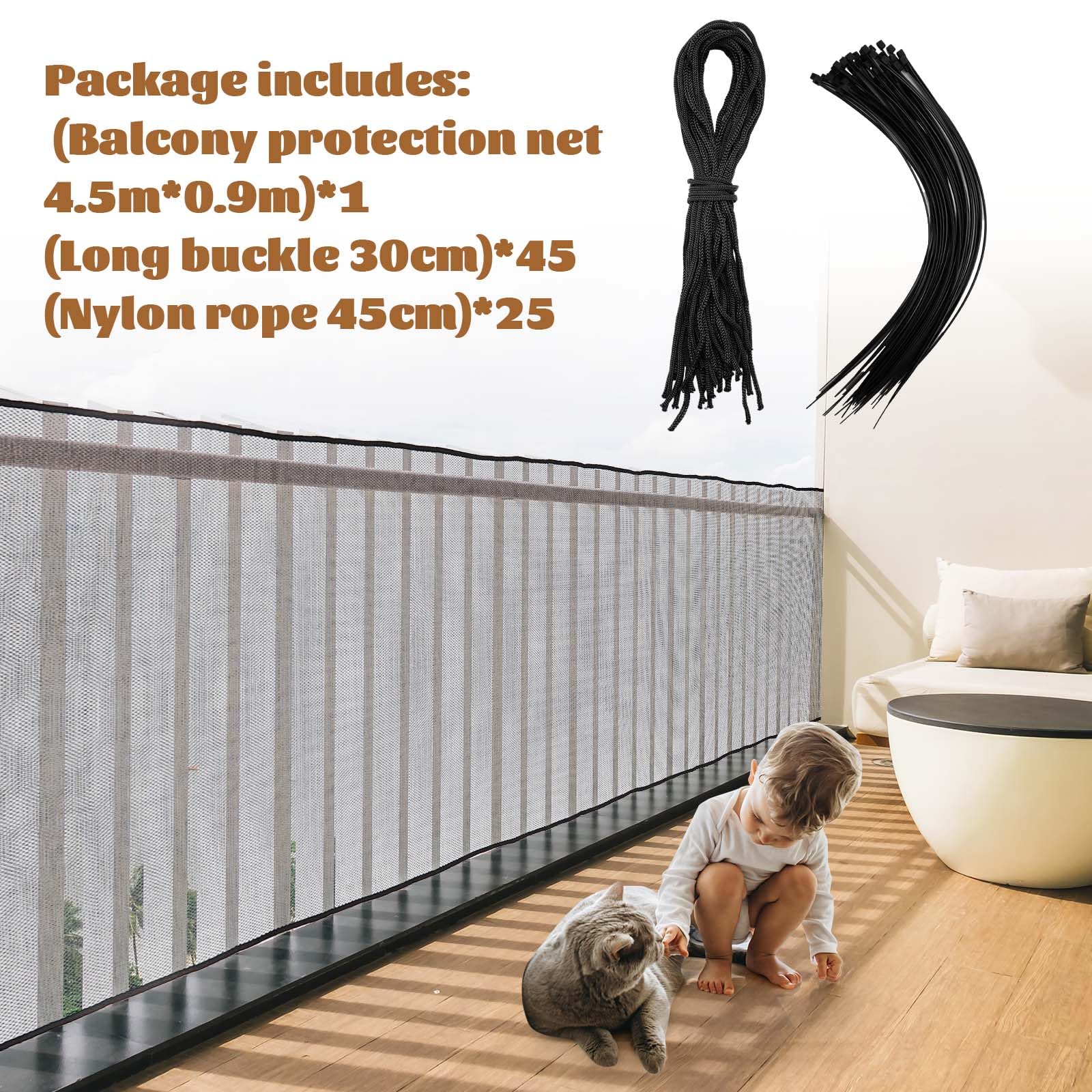 Hosuly Banister Guard 18 x 3 ft Balcony Netting for Kids Pets Stairway Safety Net Baby Fence Door Balcony Netting Safety Mesh St