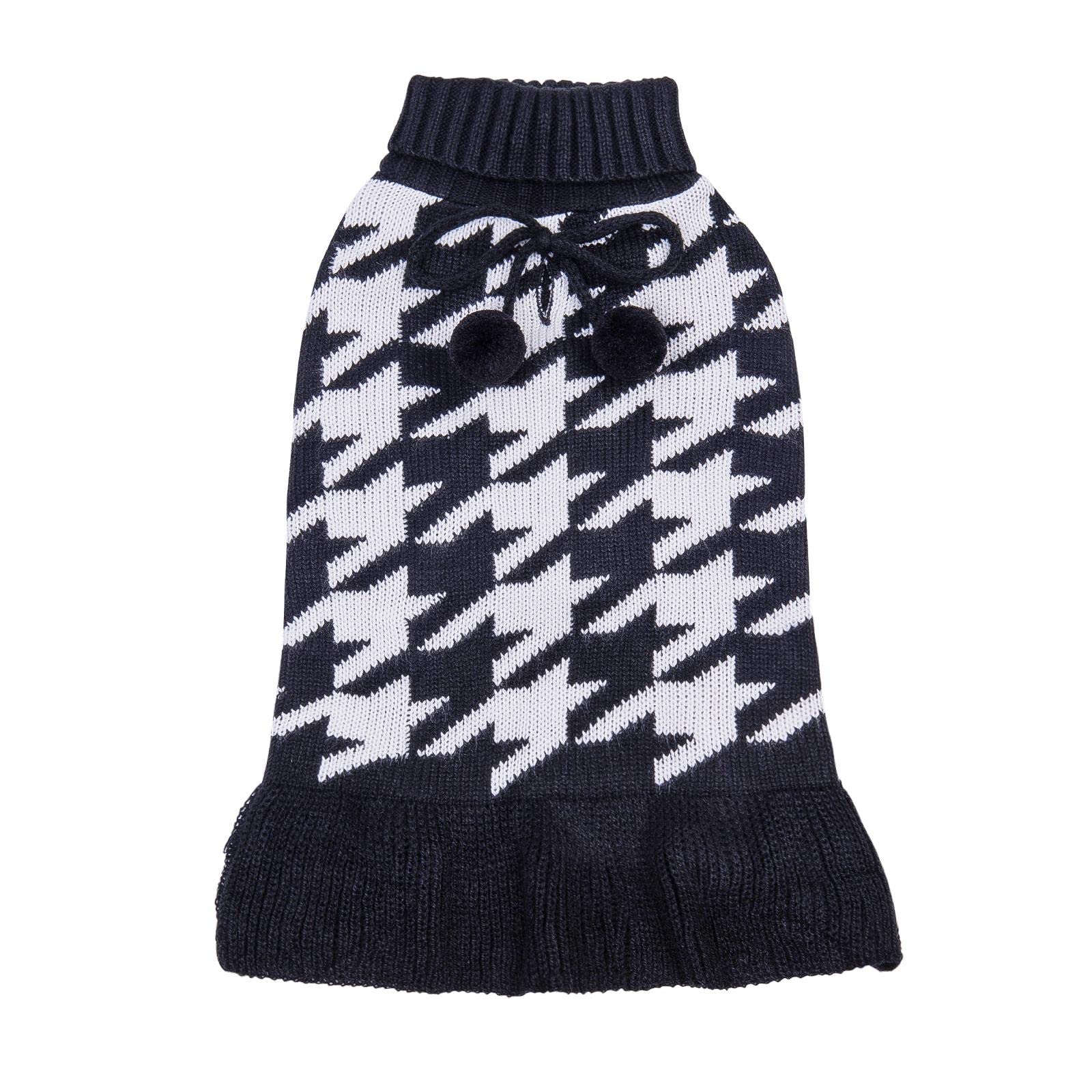 Cutebone Vintage Houndstooth Dog Sweater Dress Dog Turtleneck Pullover Knitwear Cold Weather Sweater With Leash Hole,Suitable Fo
