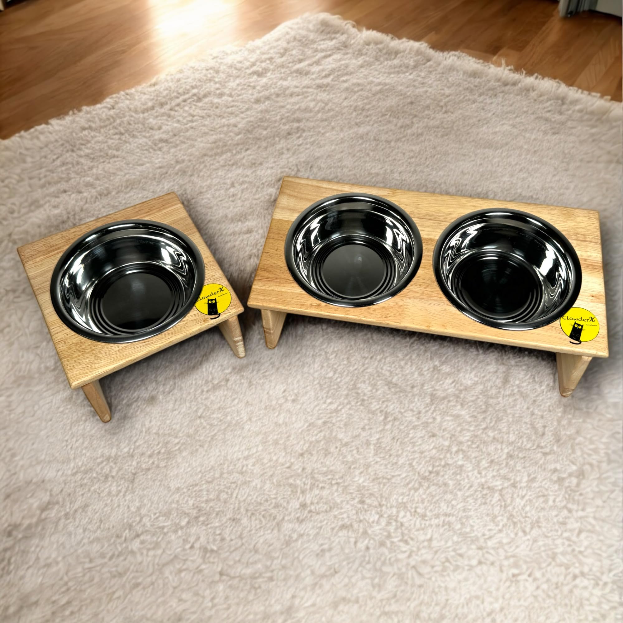 Elevated Pet Feeding Bowls Stand Combo For Cats & Small Dogs | Wooden Raised Feeder With Stainless Steel Bowls | Single + Double