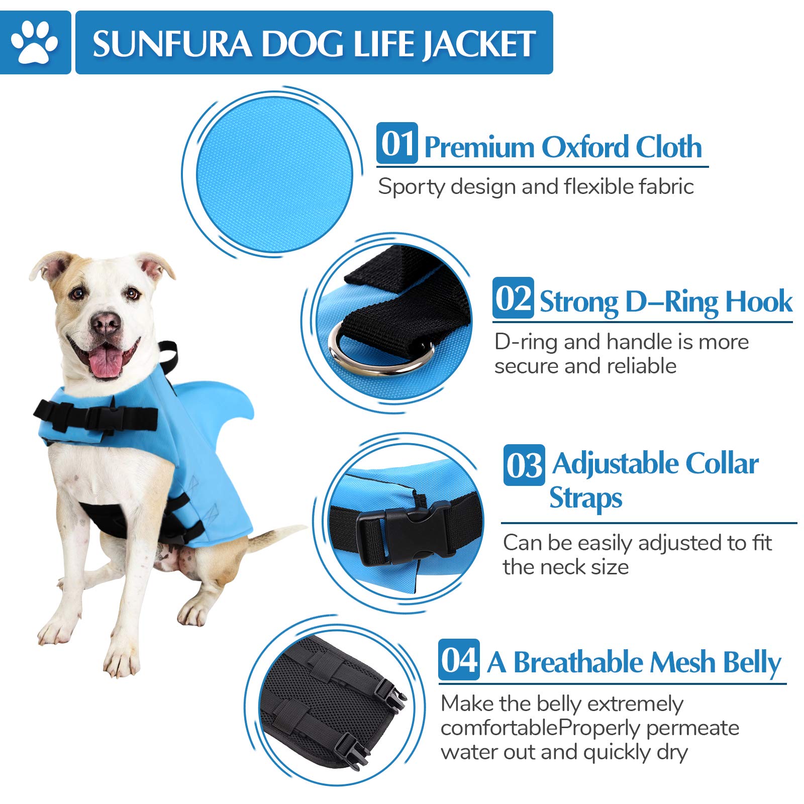 Sunfura Medium Dog Life Jacket, Shark Fin Pet Swimming Vest For Boating, Puppy Life Preserver With High Buoyancy & Rescue Handle, French Bulldog Lifesaver Swimsuit For Medium Dogs, Blue M
