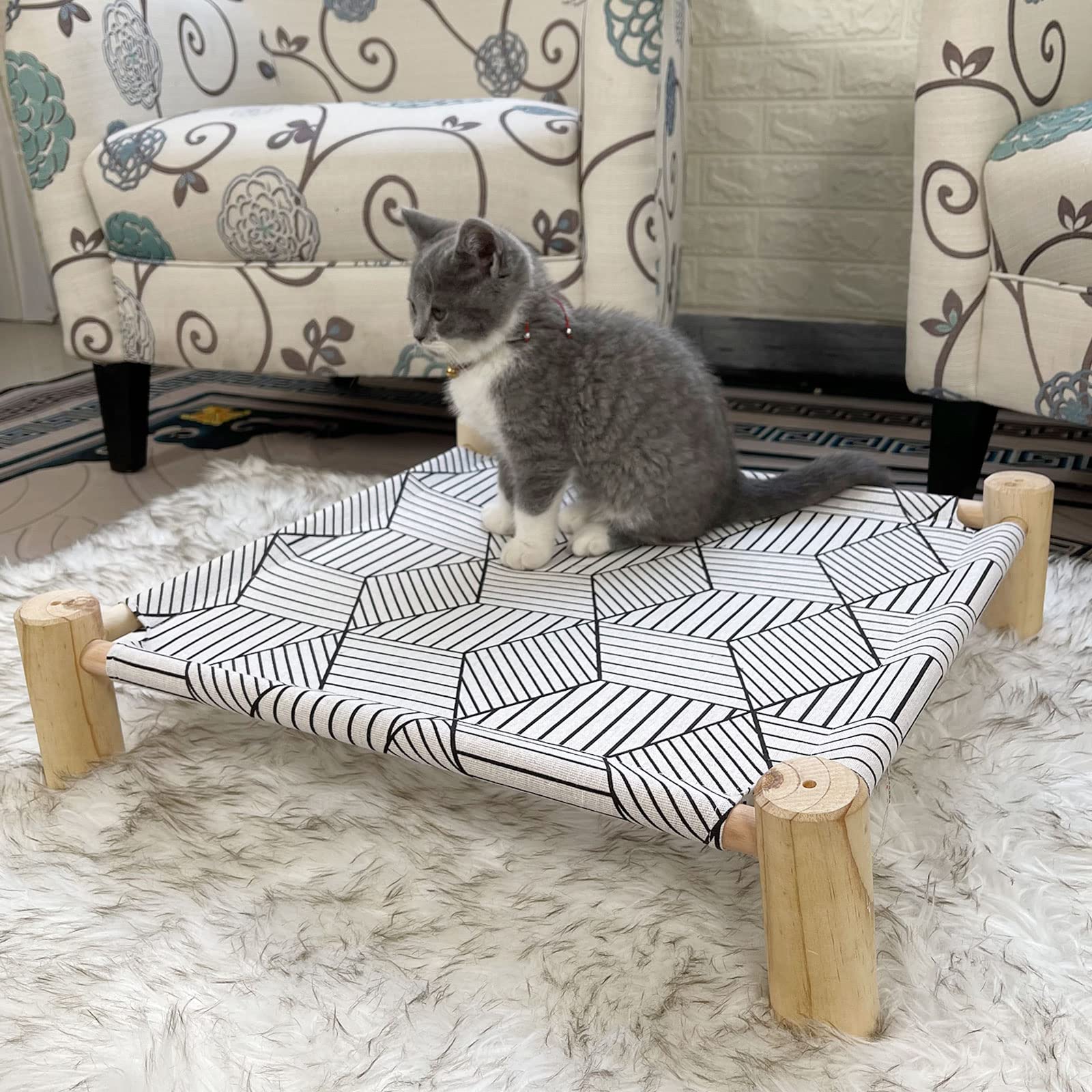 Pozico Cat/Dog Bed Hammock - Wooden Raised Indoor/Outdoor Beds - Breathable Mesh For Small Animals - White Diamond