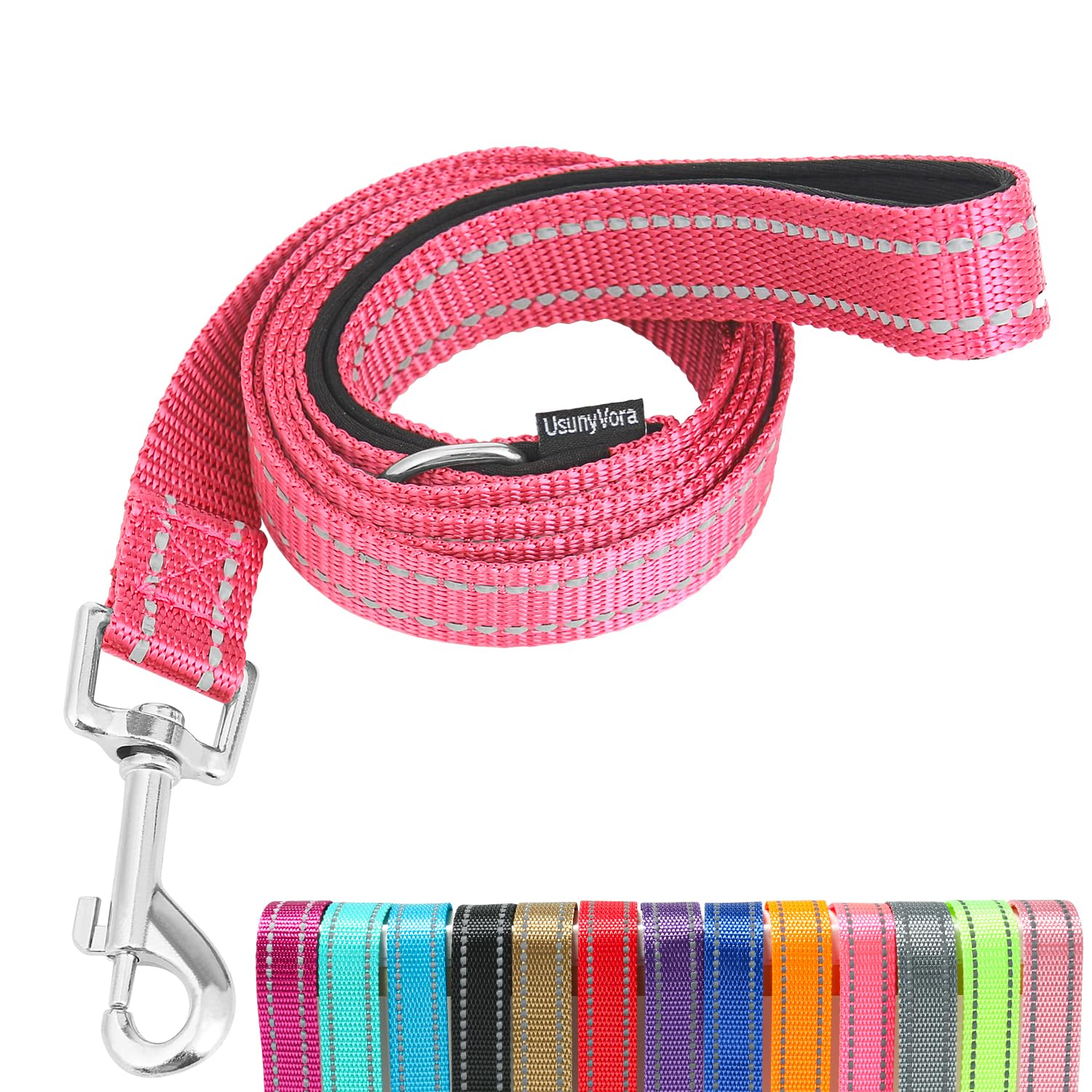 Usunyvora Reflective Nylon Dog Leash For Walking,Strong Dog Leash With Padded Handle For Medium And Large Dogs,5 Ft,Hot Pink