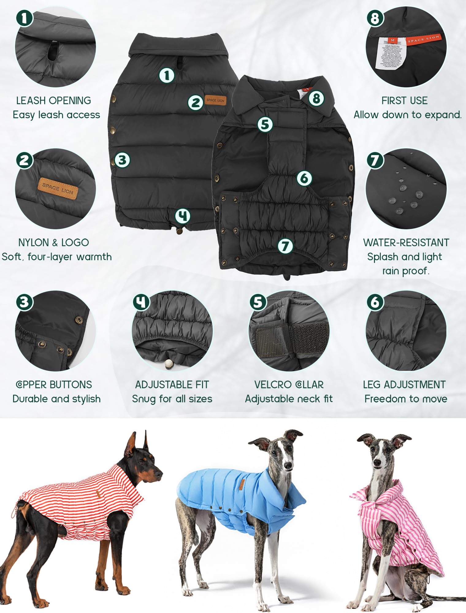 SPACE LION Dog Puffer Jacket for Small & Medium Dogs, Lightweight Duck Down Coat, Black, Size 12