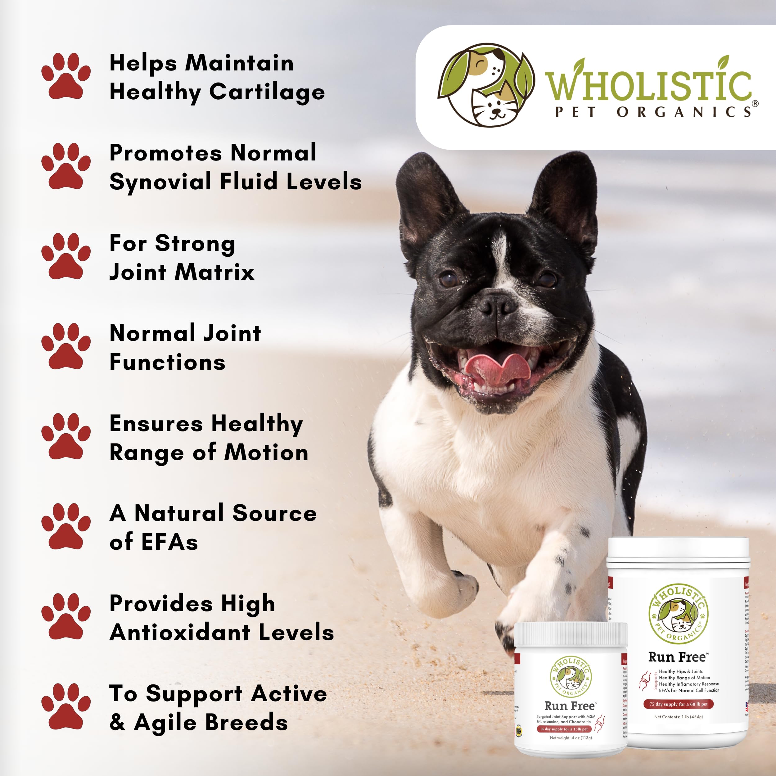 Wholistic Pet Organics Joint Supplement for Dogs - Glucosamine, Chondroitin & MSM - 4 Oz - Model Run Free - Supports Mobility for All Breeds