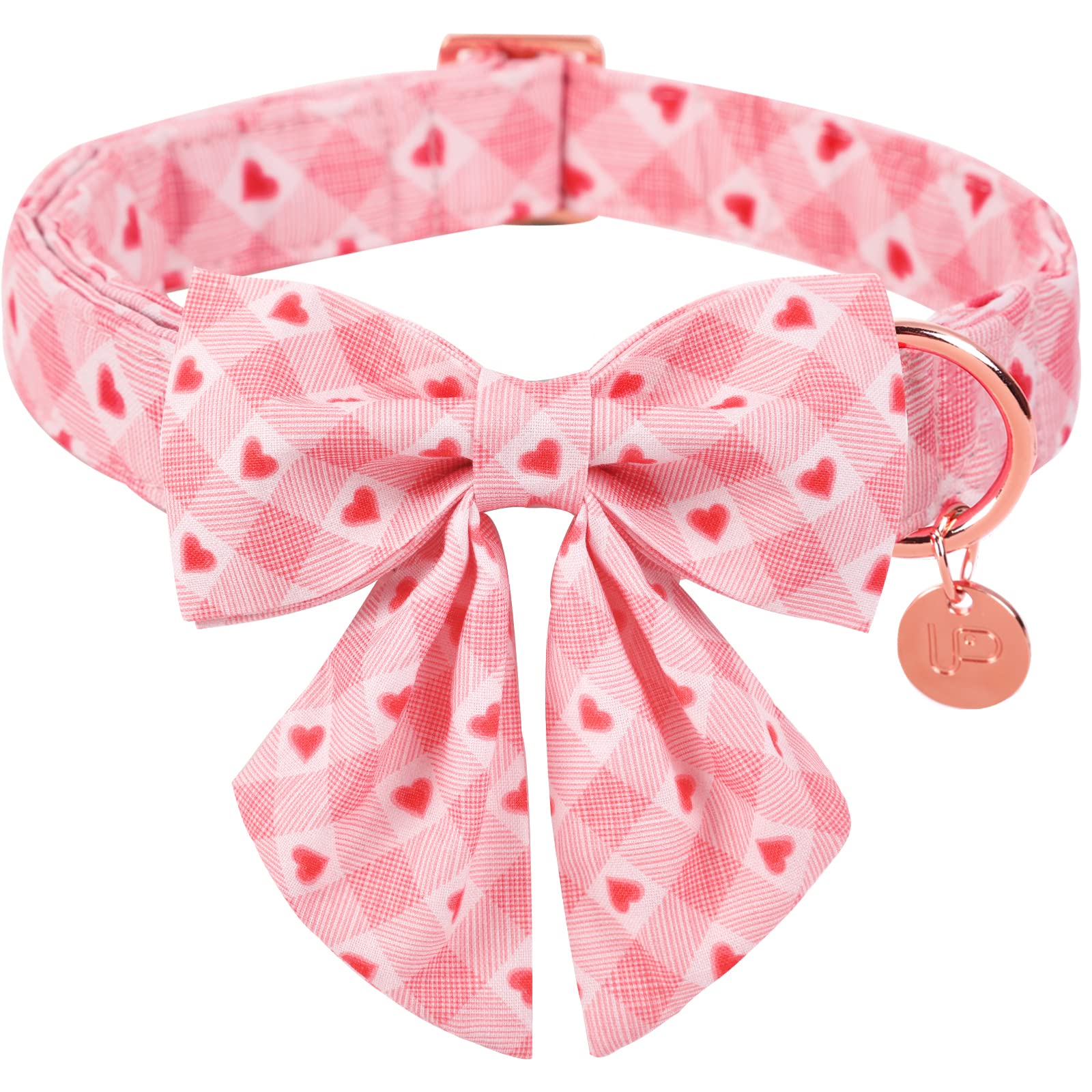 Up Urara Pup Valentine Dog Collar With Bow Tie, Valentine Bowtie Collar For X-Large Girl Boy Dog, Cotton Collar With Metal Buckle, Valentine’S Day Gift Pet Collar, Xl, Neck 16-26In, Pink Plaid