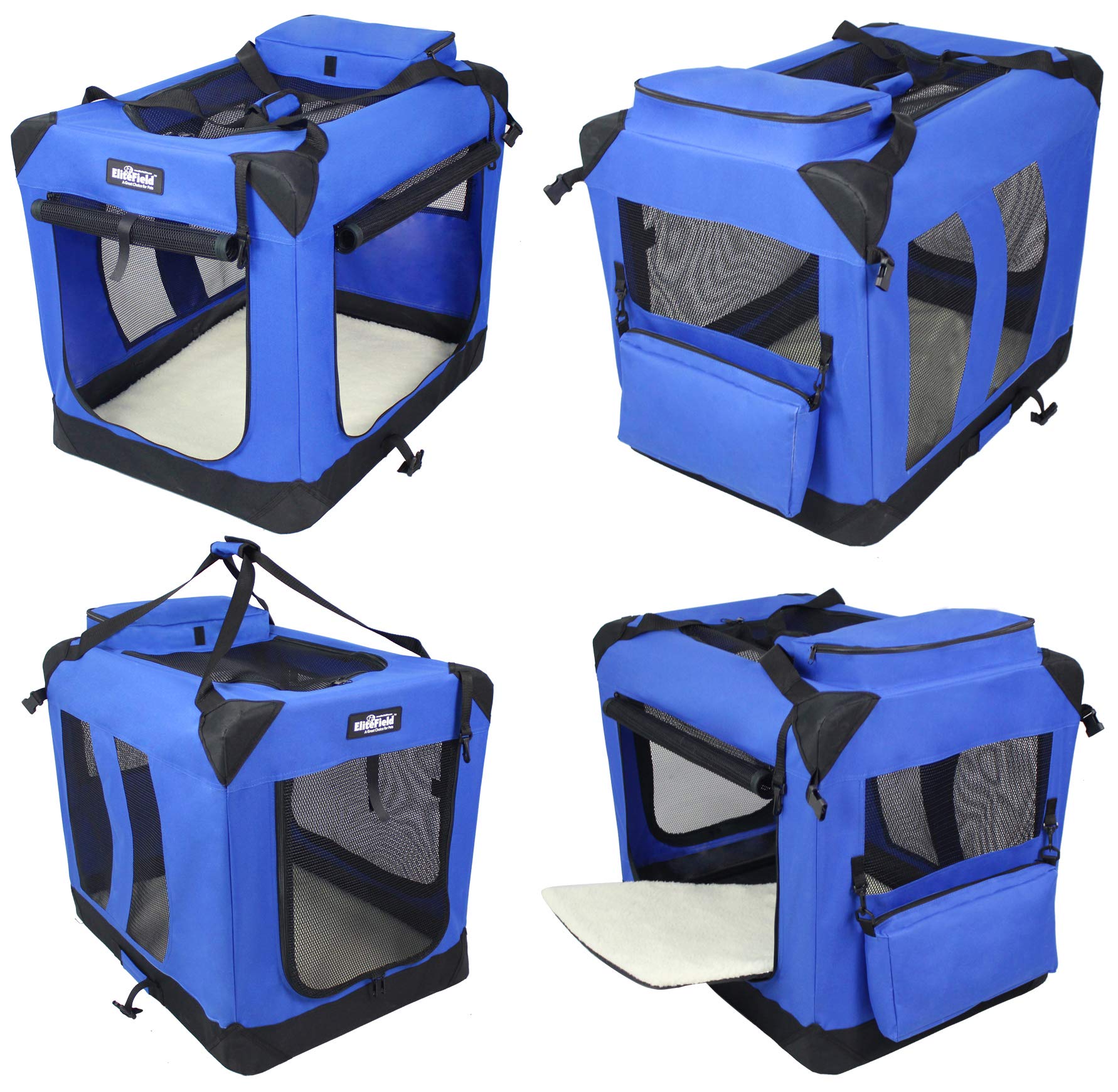 Elitefield 3-Door Folding Soft Dog Crate With Carrying Bag And Fleece Bed (2 Year Warranty), Indoor & Outdoor Pet Home (42' L X 28' W X 32' H, Royal Blue)