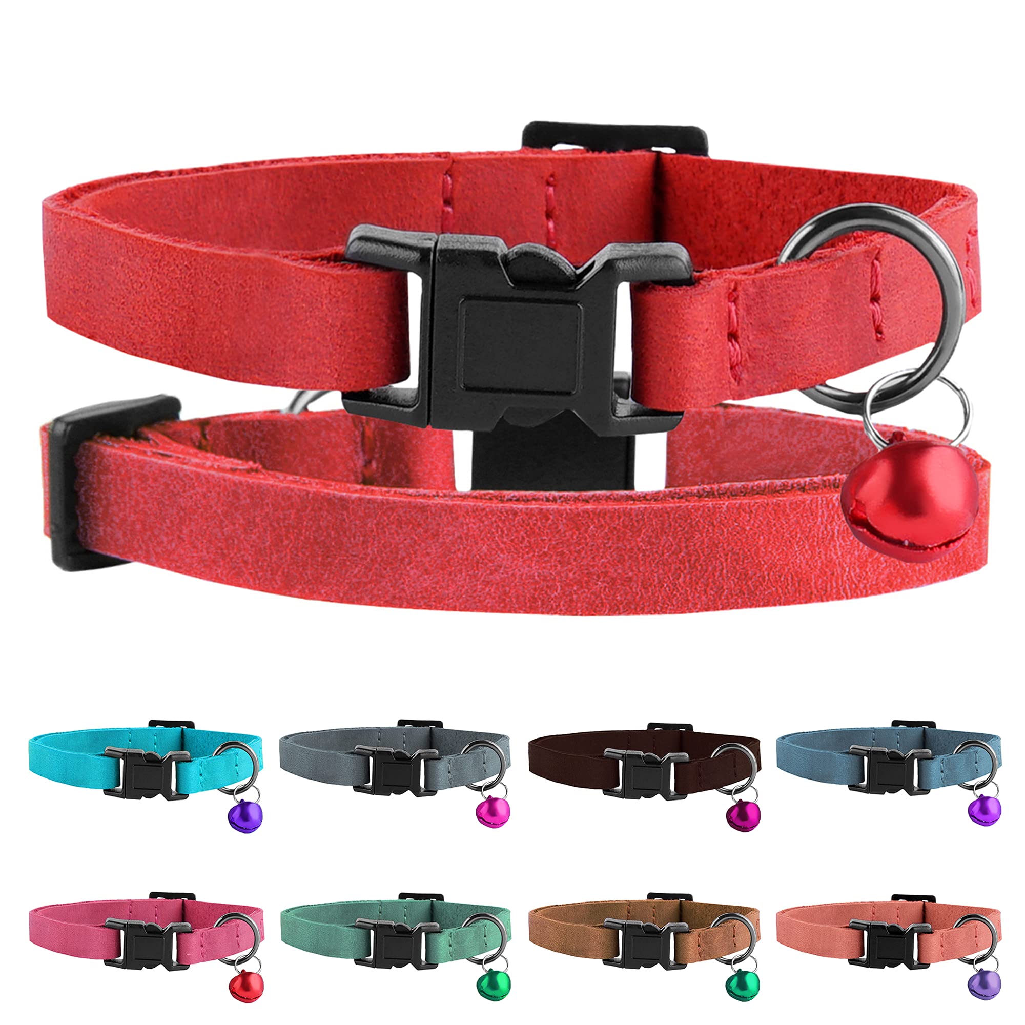 Murom Breakaway Cat Collar Leather Soft Adjustable Pet Kitten Collars With Bell Pink Brown Blue Green Red (Red)