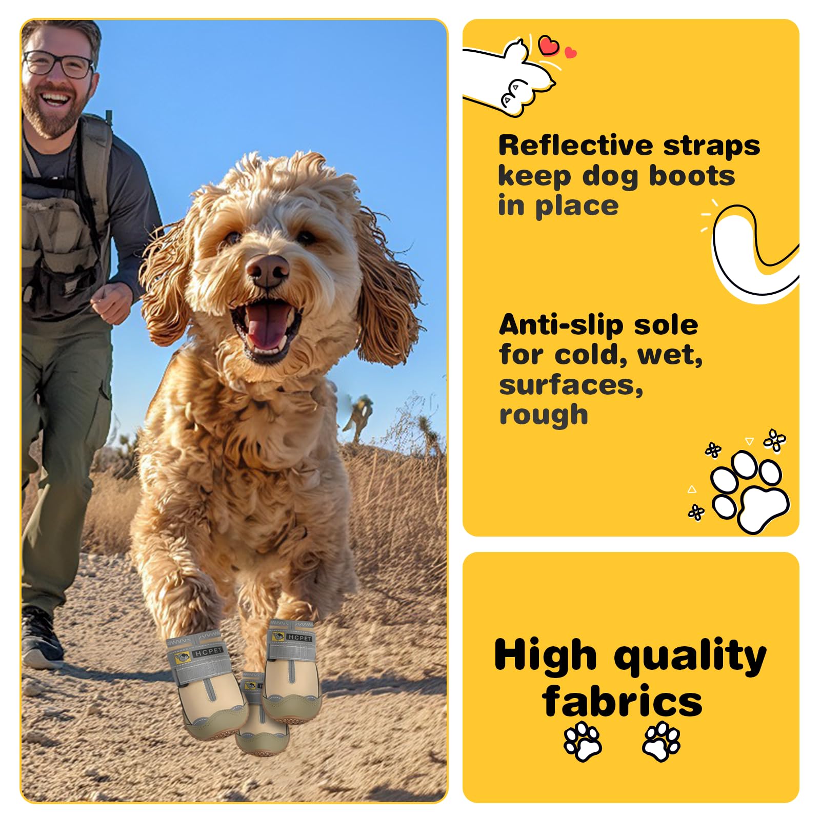 Hcpet Dog Shoes - Waterproof Booties for Large Dogs, Anti-Slip, Size 5, Khaki, Reflective Straps, Ideal for Hot Pavement & Winter Hiking