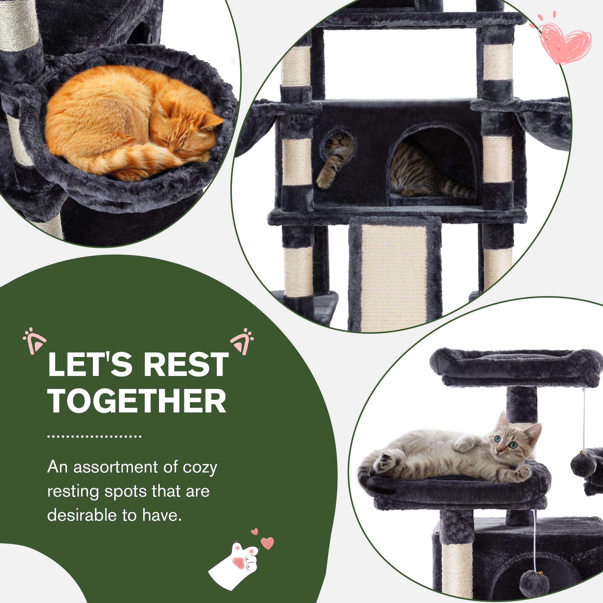 Imusee 68 Inches Multi-Level Large Cat Tree Tower With Cat Condo/Cozy Plush Cat Perches/Sisal Scratching Posts And Hammocks/Cat Activity Center Play House/Smoky Grey