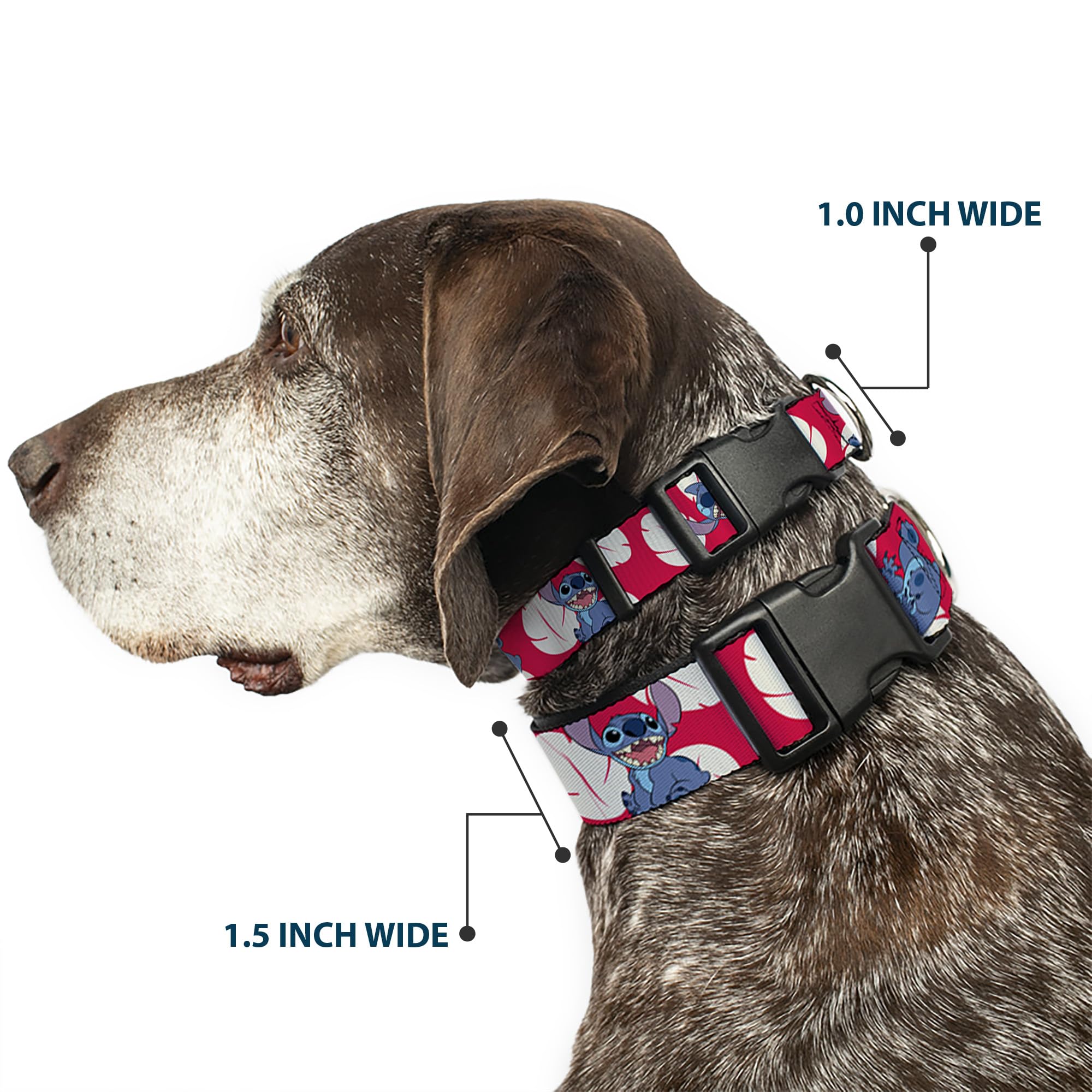 Buckle-Down Dog Collar Plastic Clip Lilo Stitch 4 Poses Lilo Dress Leaves Red Ivory 13 To 18 Inches 1.5 Inch Wide