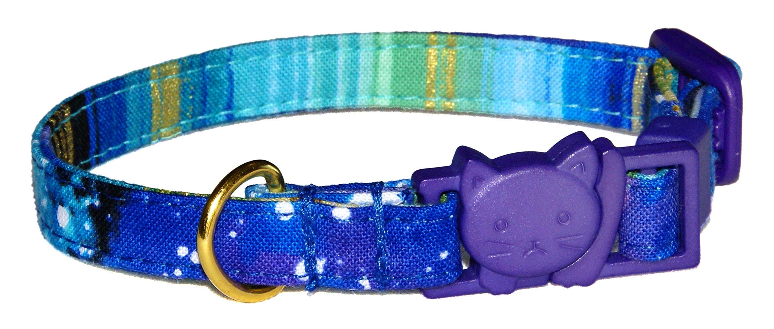 Galaxy Cat Collar - Outer Space Cosmos Of Blue And Purple - 100% Cotton - 3/8 Inch Wide - 2 Sizes - Breakaway Safety Buckle- Han