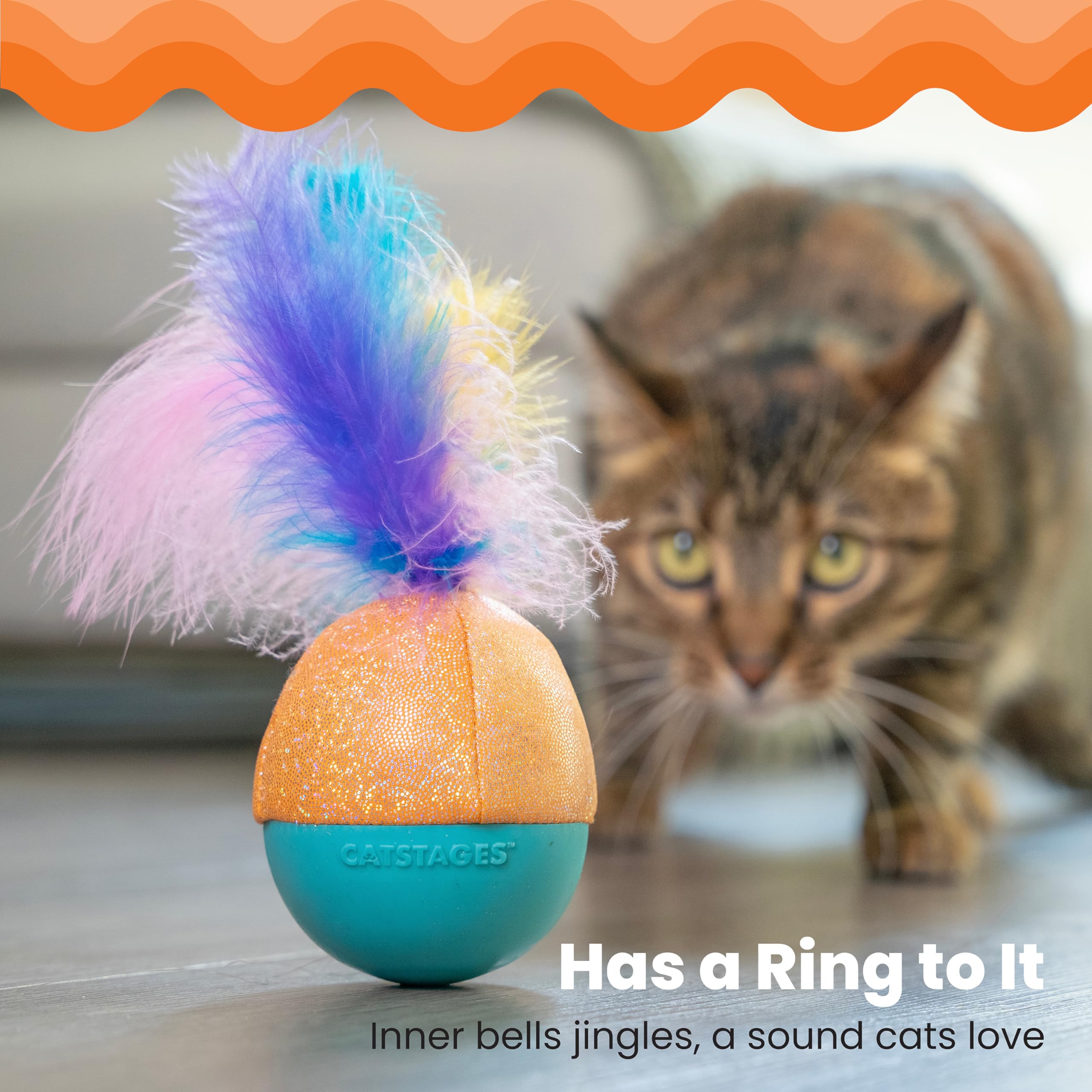 Catstages Whack N’ Wobble Ball Interactive Cat Toy Catnip Coated Wobble Ball With Feathers And Bells, Turquoise